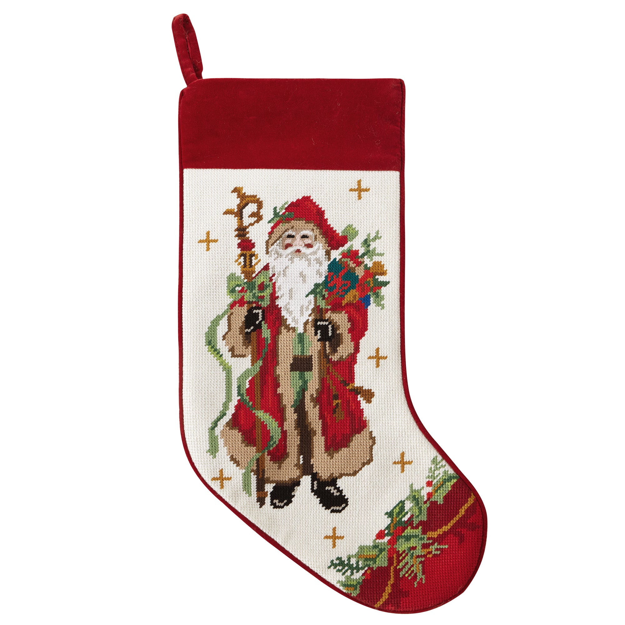 Santa w/ Staff Needlepoint Embroidered Stocking