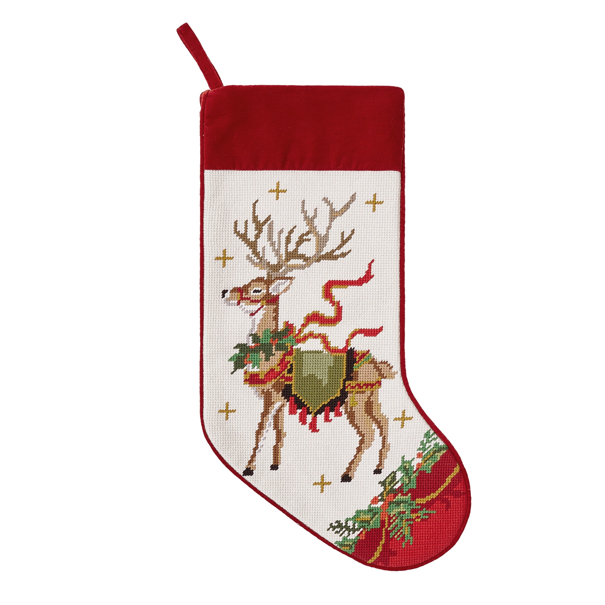 Reindeer w/ Wreath Needlepoint Embroidered Stocking