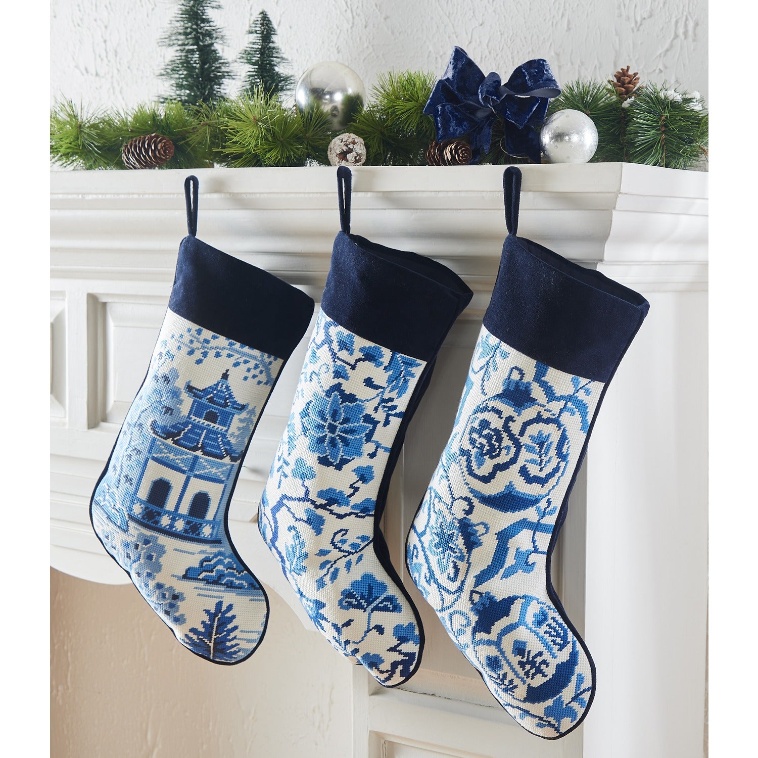 Pagoda Flowers EMB Needlepoint Stocking