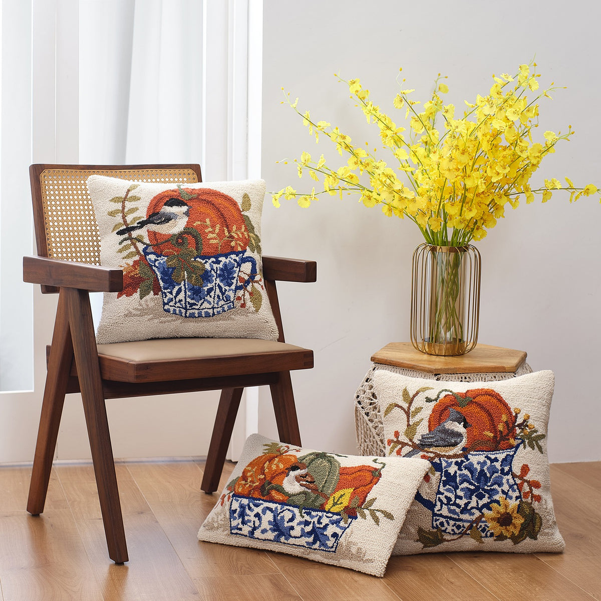 Fall Birds w/ Chinoiserie Teacup Hook Pillow