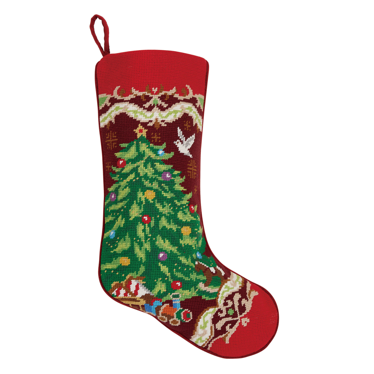 Christmas Tree and Garland Embroidered Needlepoint Stocking