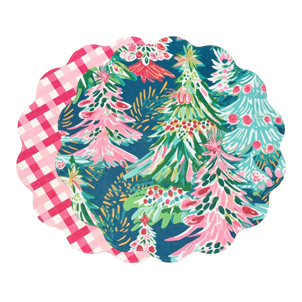 VIDA Holiday Trees and Preppy Plaid Reversible Round Placemats Set of 4 (Pink and Green)