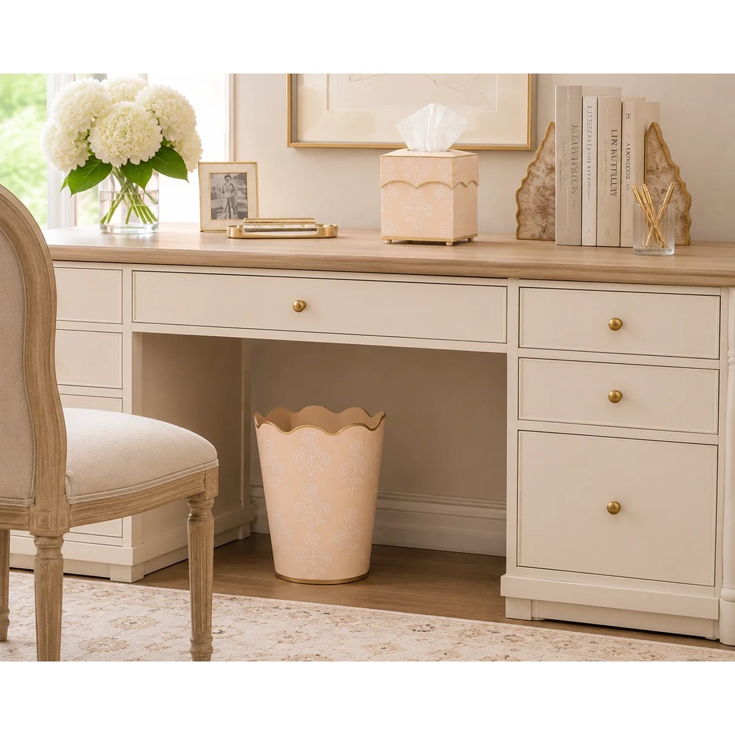 Pale Peach Floral Scalloped Wastepaper Basket & Tissue (2 Options)