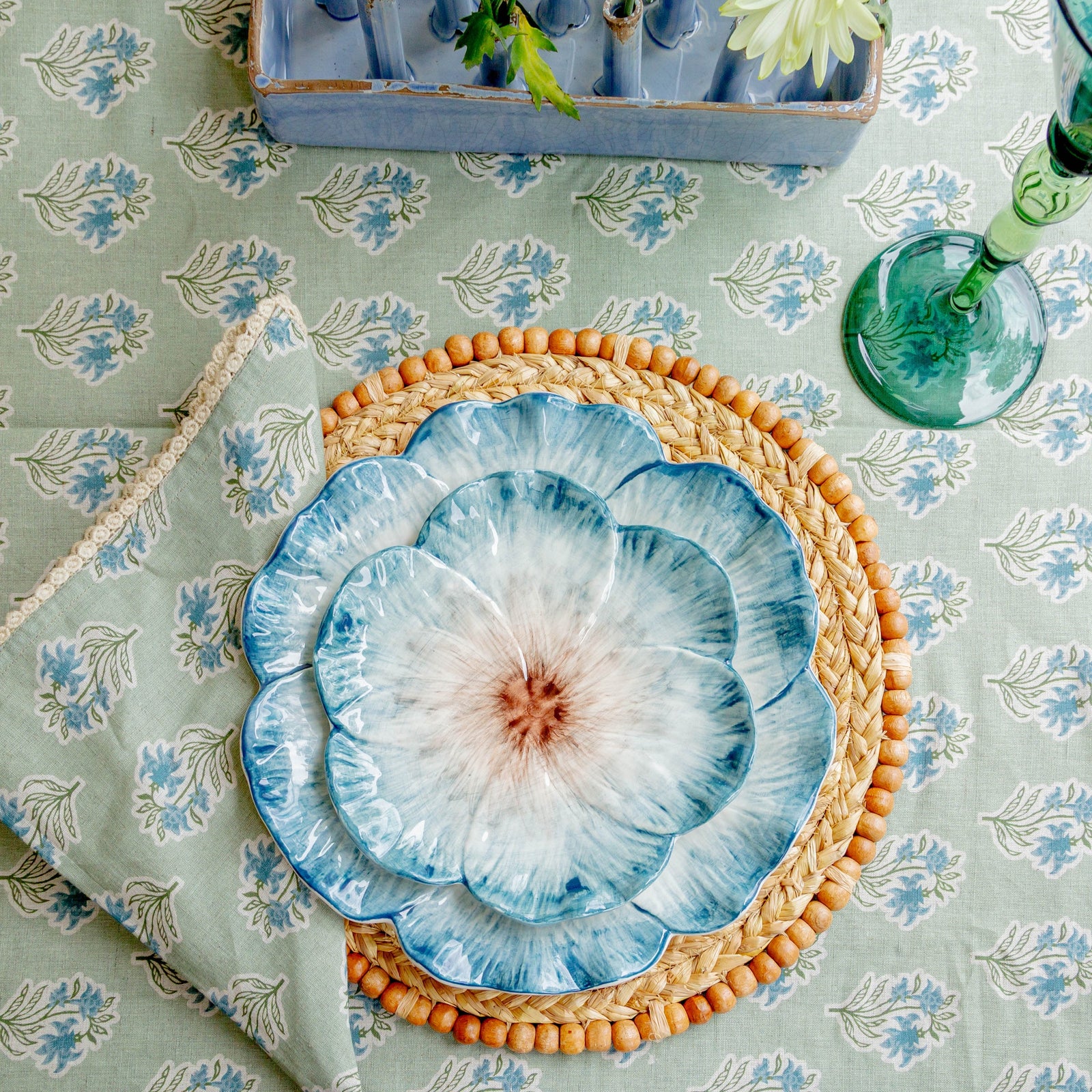 Sage Green/Blue Flower Tablecloth with Floral Lace Edge