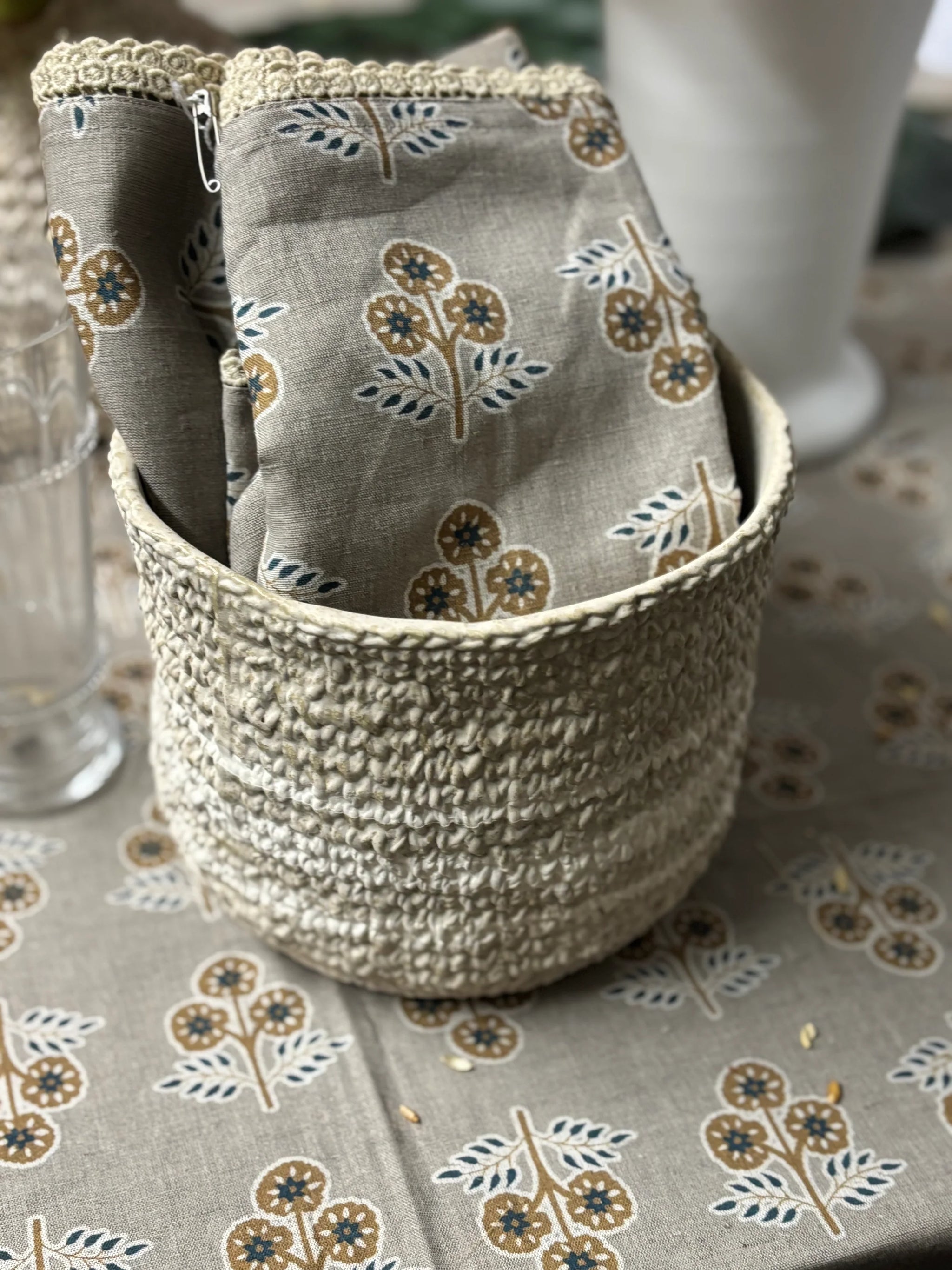 Gray with Yellow & Blue Flowers Tablecloth with Floral Lace Edge
