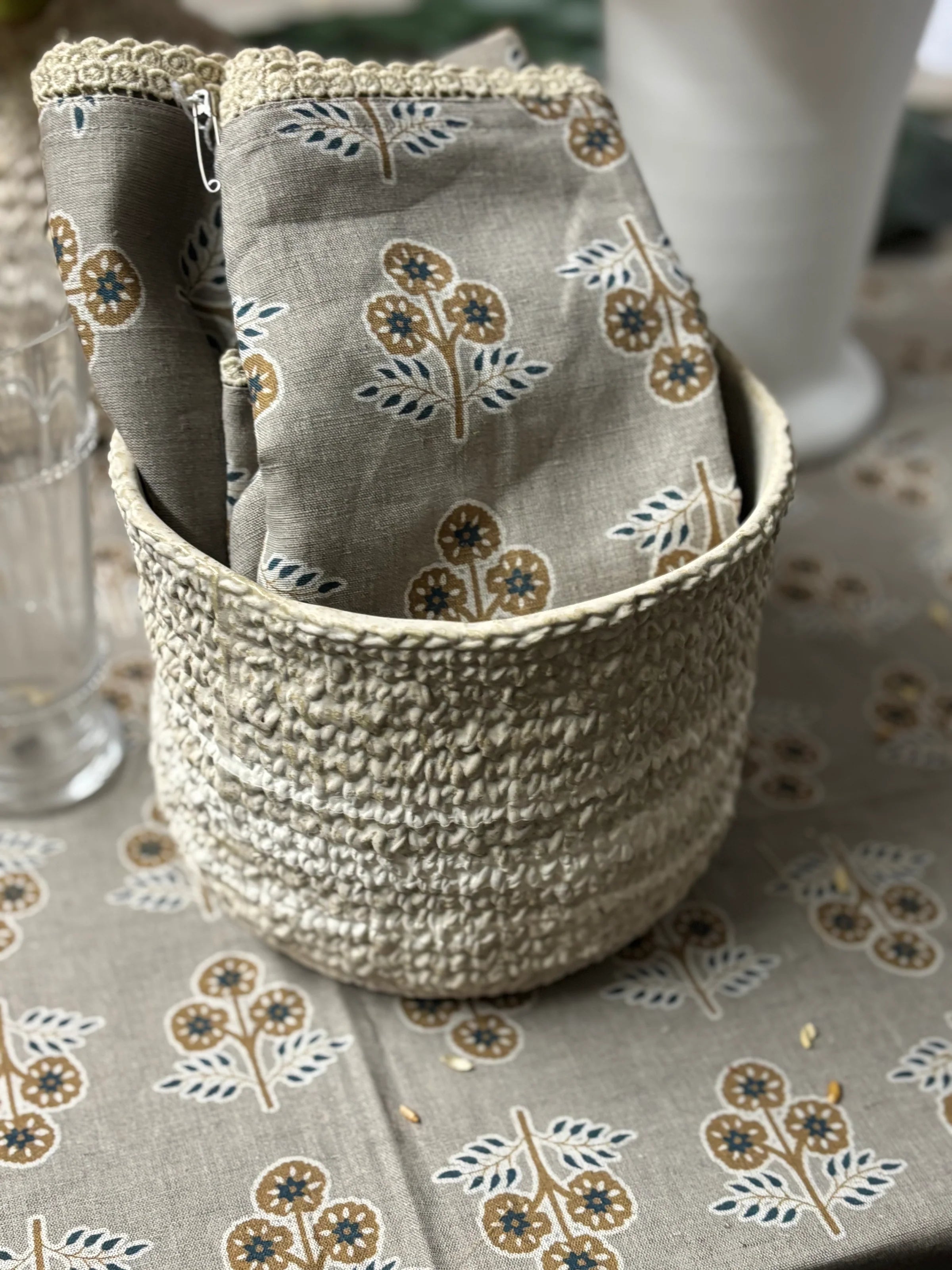 Gray with Yellow & Blue Flowers Tablecloth with Floral Lace Edge