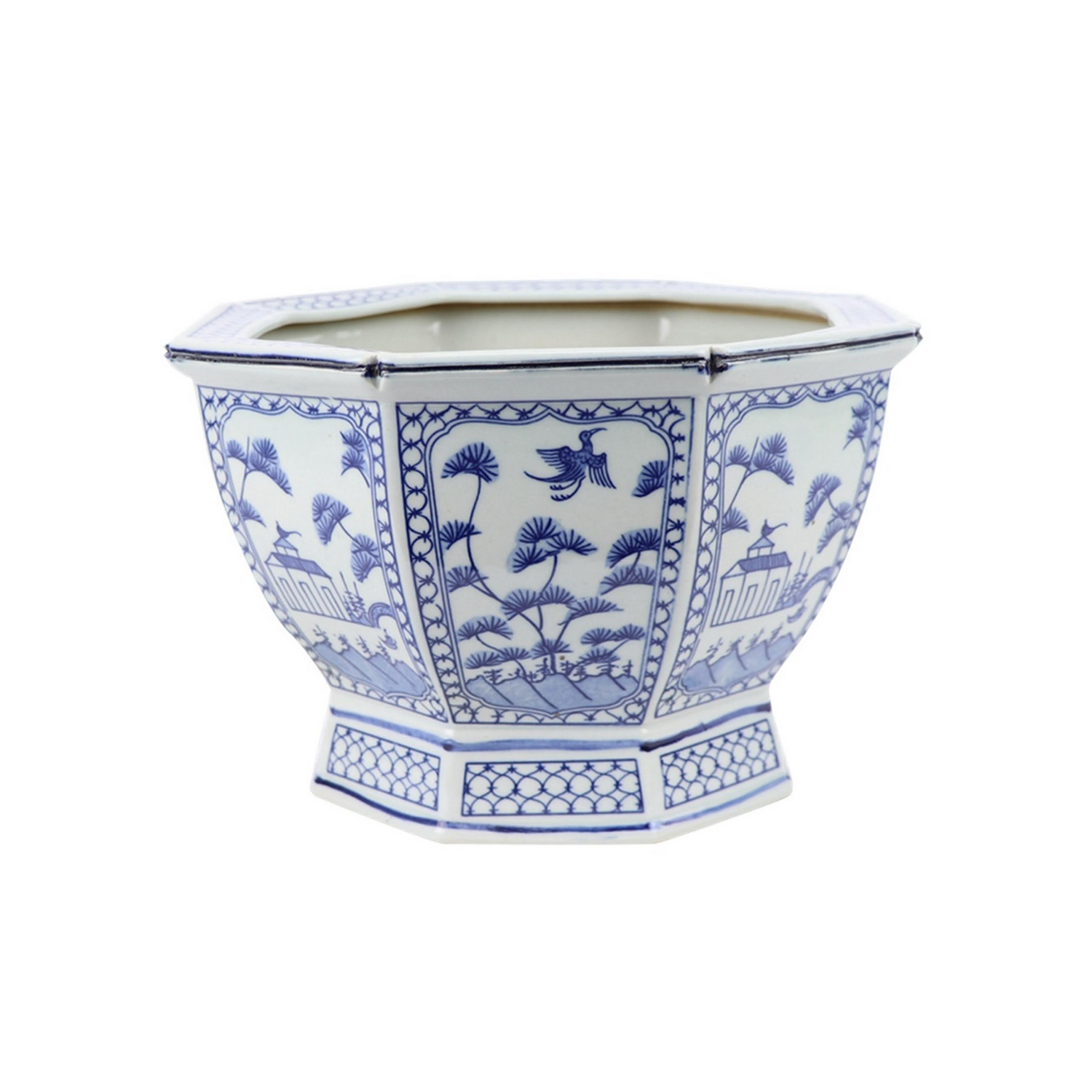 Mid Size Soft Blue Floral and Village Hexagon Planter