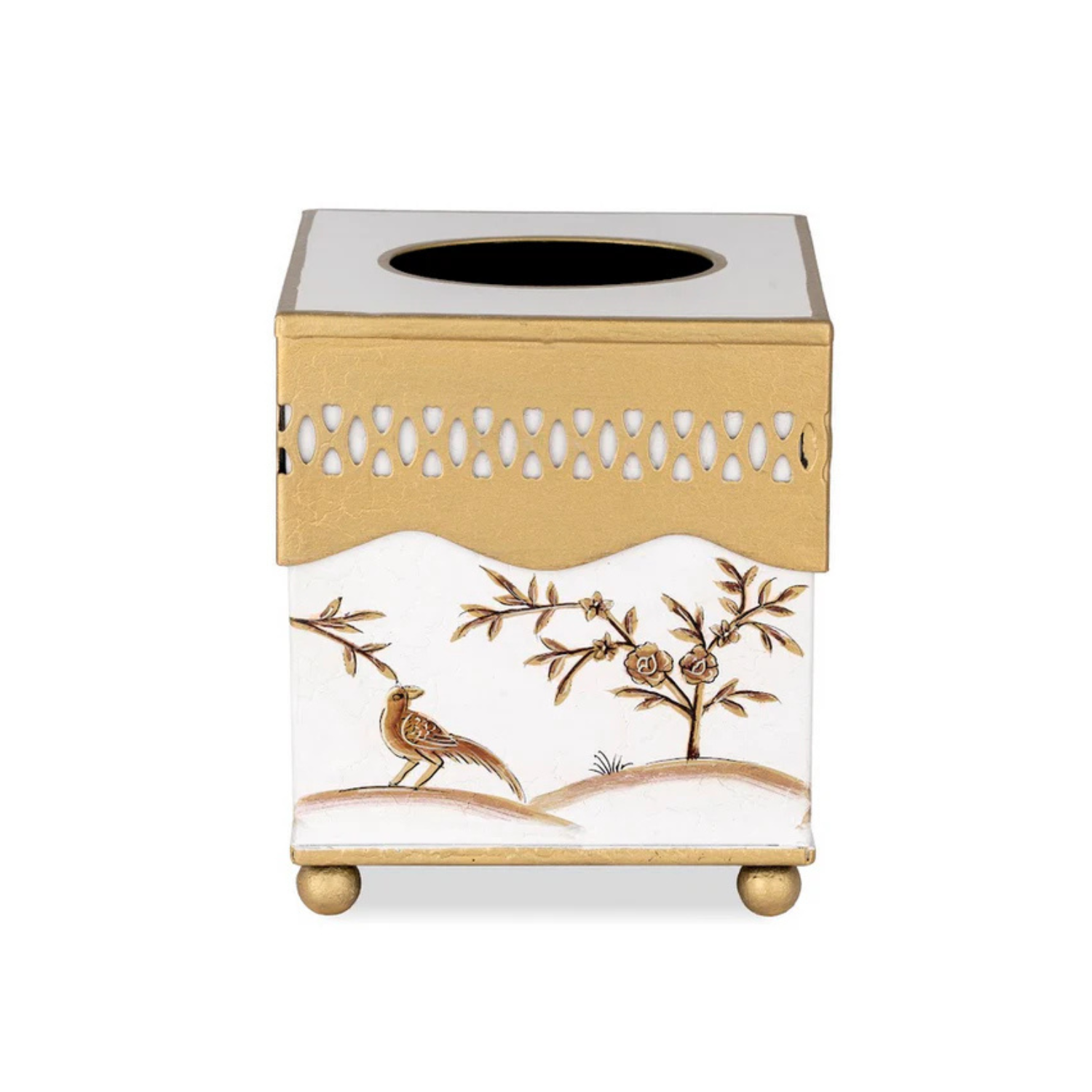 Ivory & Gold Oval Pierced Wastepaper Basket & Tissue