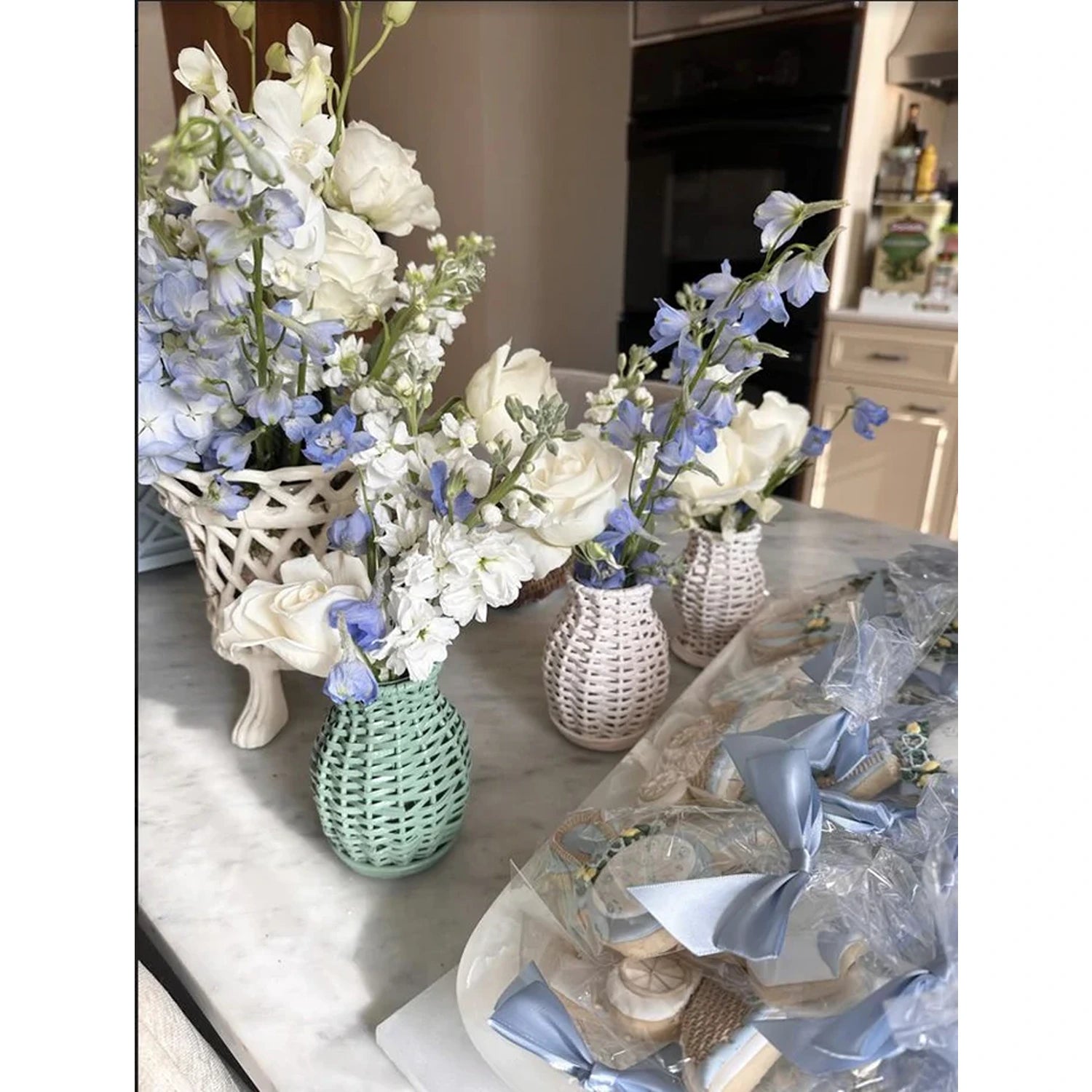 Set of 3 Mini White Wicker Vases