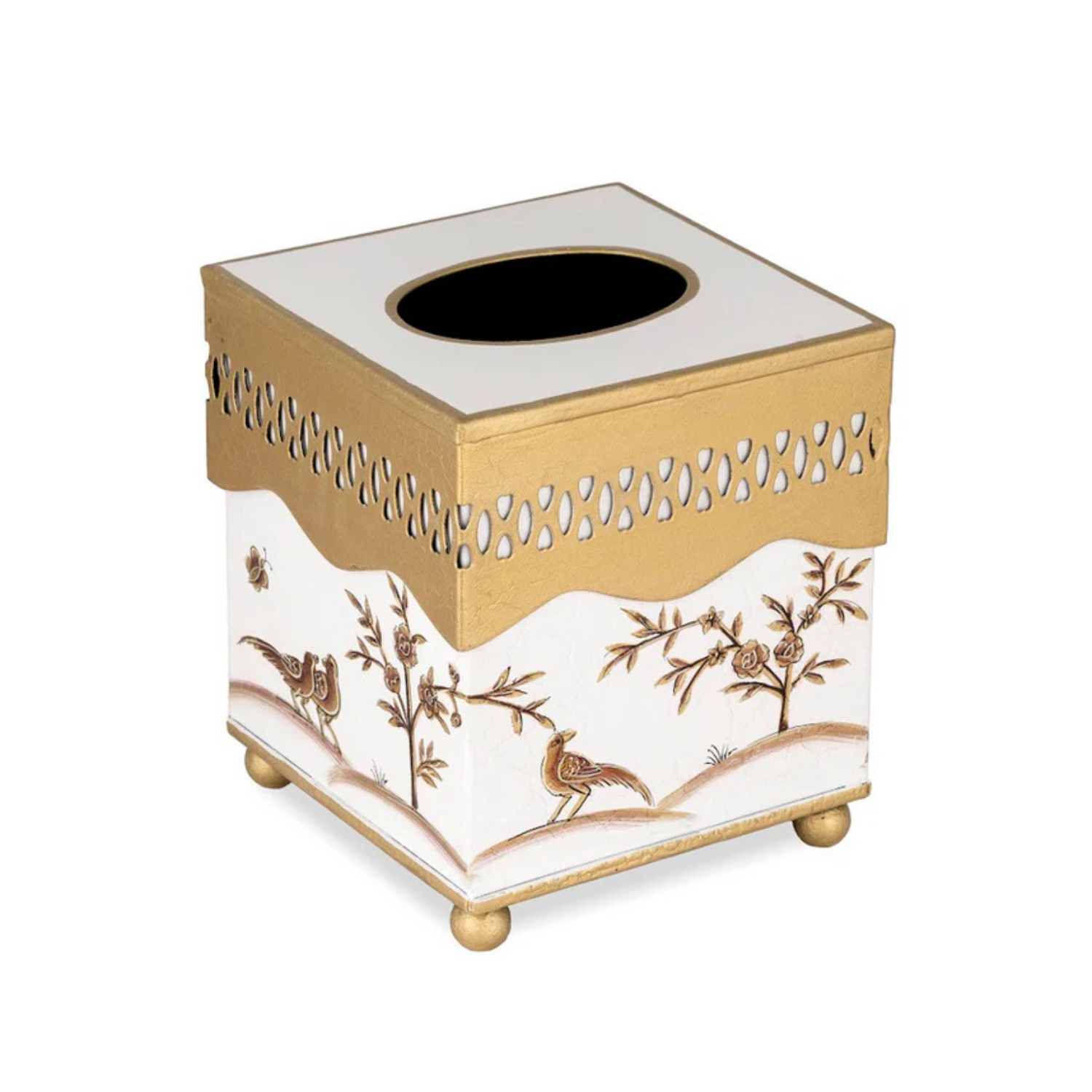 Ivory & Gold Oval Pierced Wastepaper Basket & Tissue