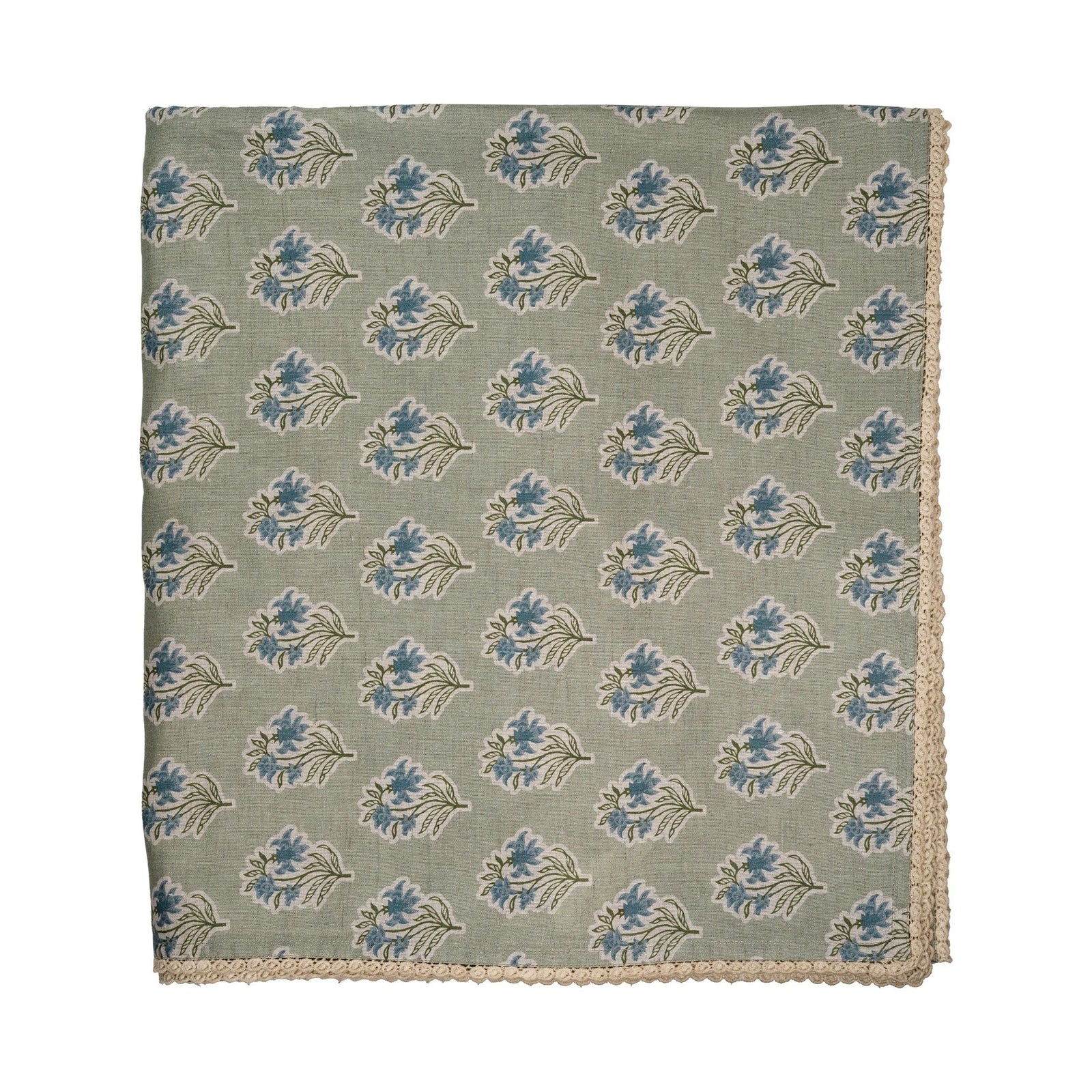 Sage Green/Blue Flower Tablecloth with Floral Lace Edge