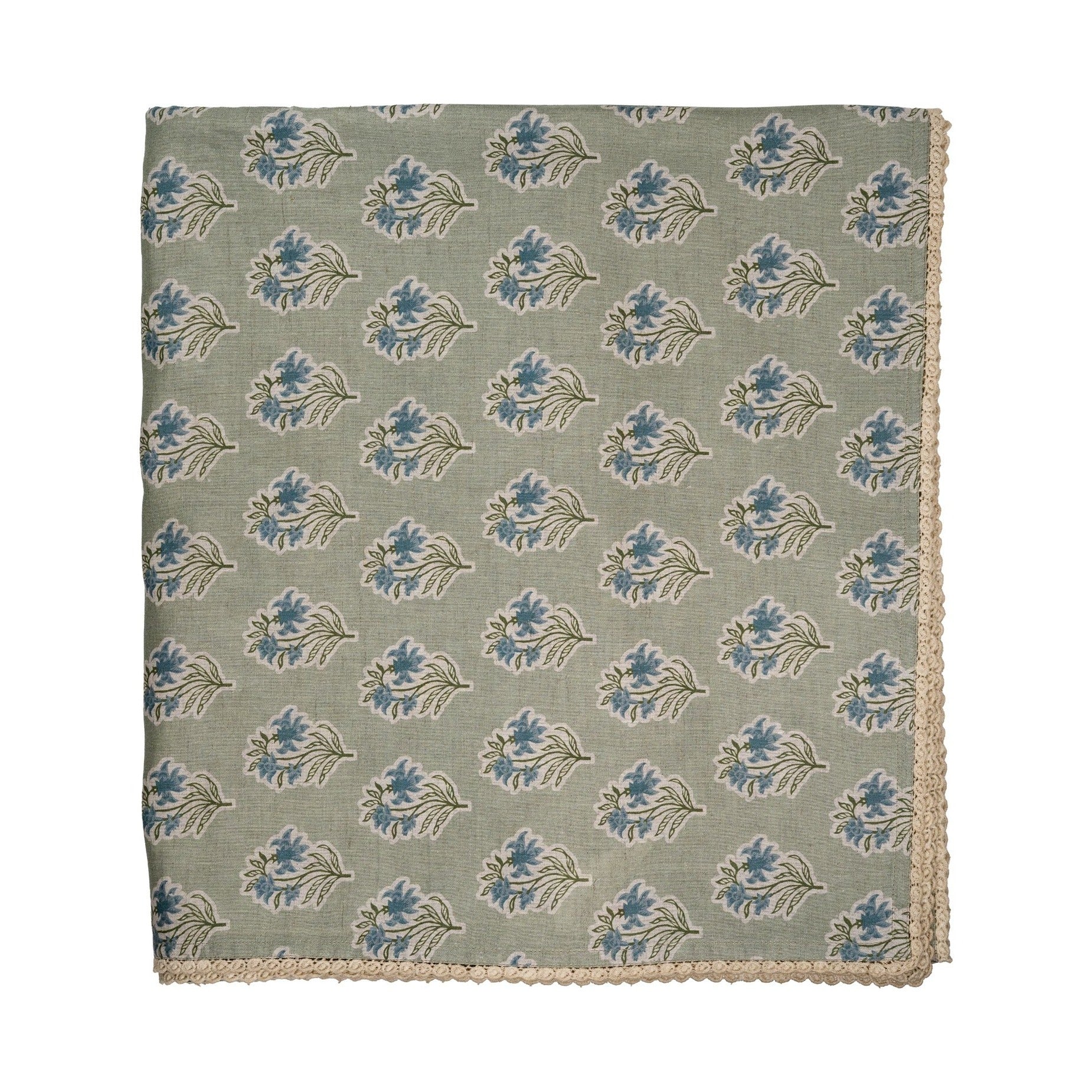 Sage Green/Blue Flower Tablecloth with Floral Lace Edge