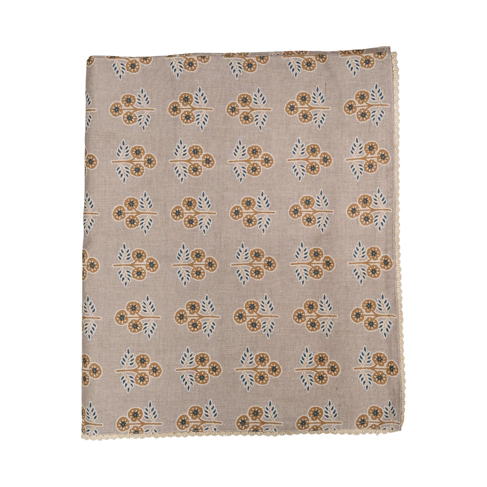 Gray with Yellow & Blue Flowers Tablecloth with Floral Lace Edge