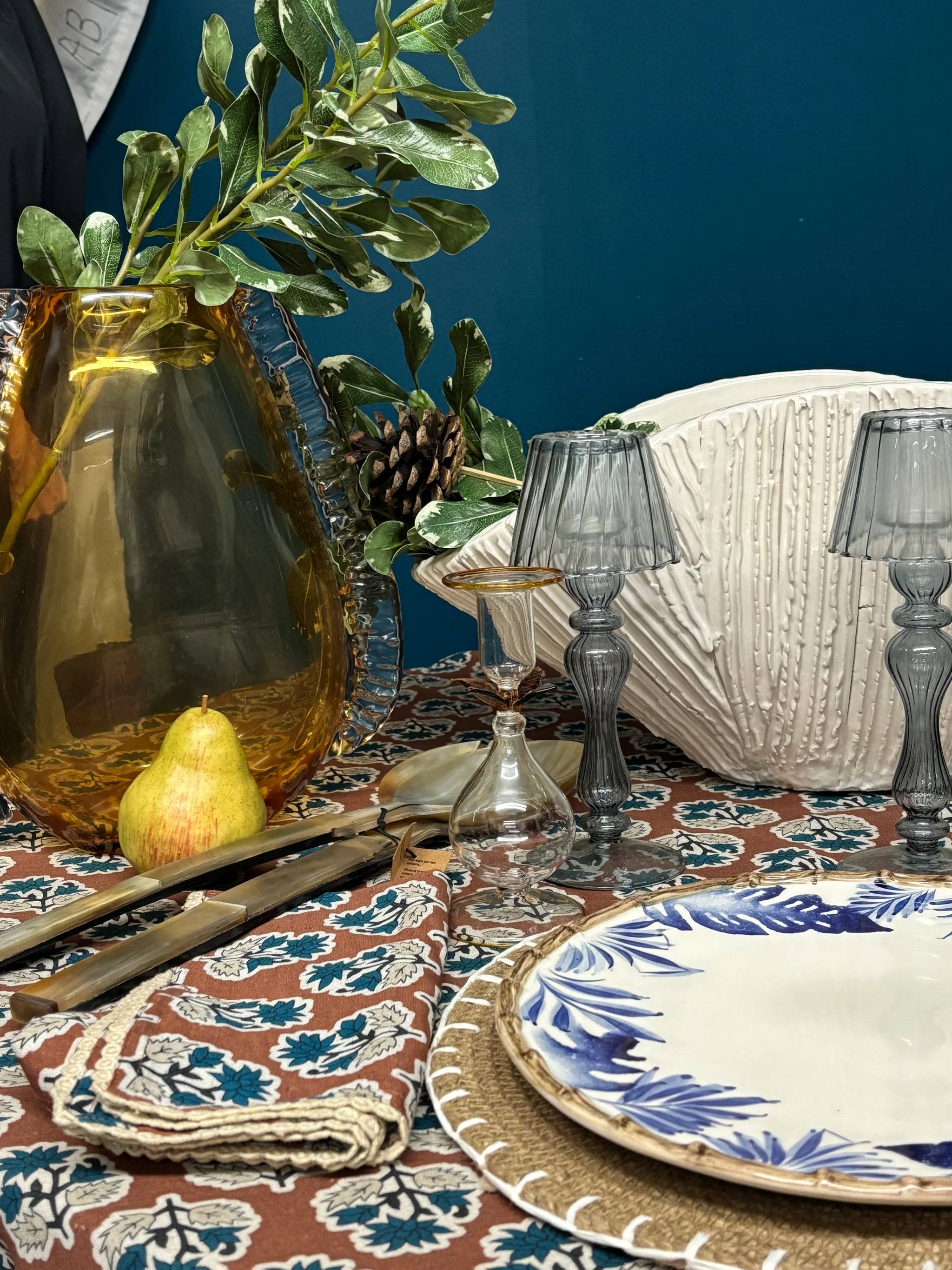 Cinnamon Brown w/ Blue Flowers Tablecloth with Floral Lace Edge