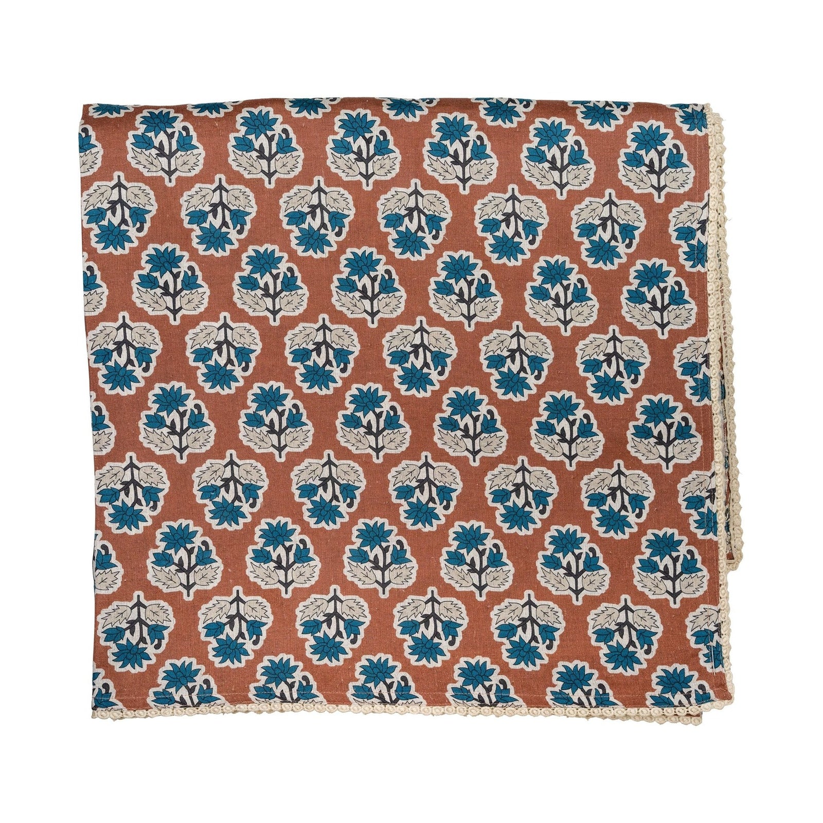 Cinnamon Brown w/ Blue Flowers Tablecloth with Floral Lace Edge