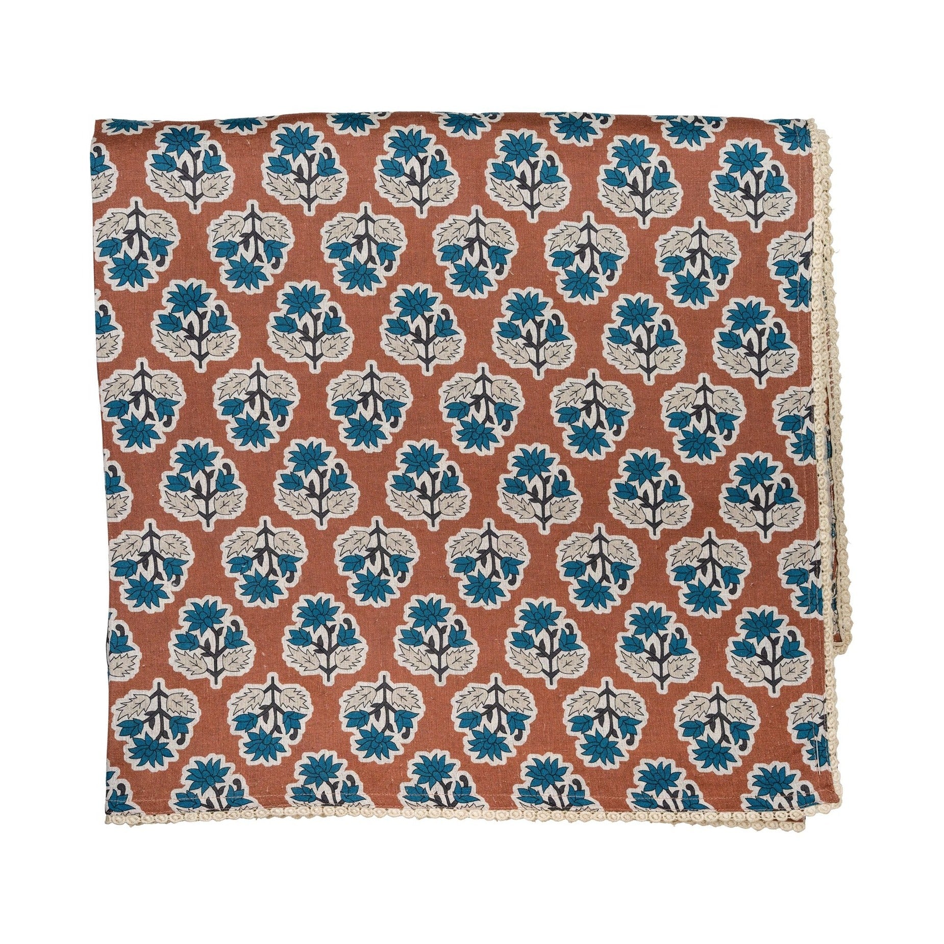Cinnamon Brown w/ Blue Flowers Tablecloth with Floral Lace Edge