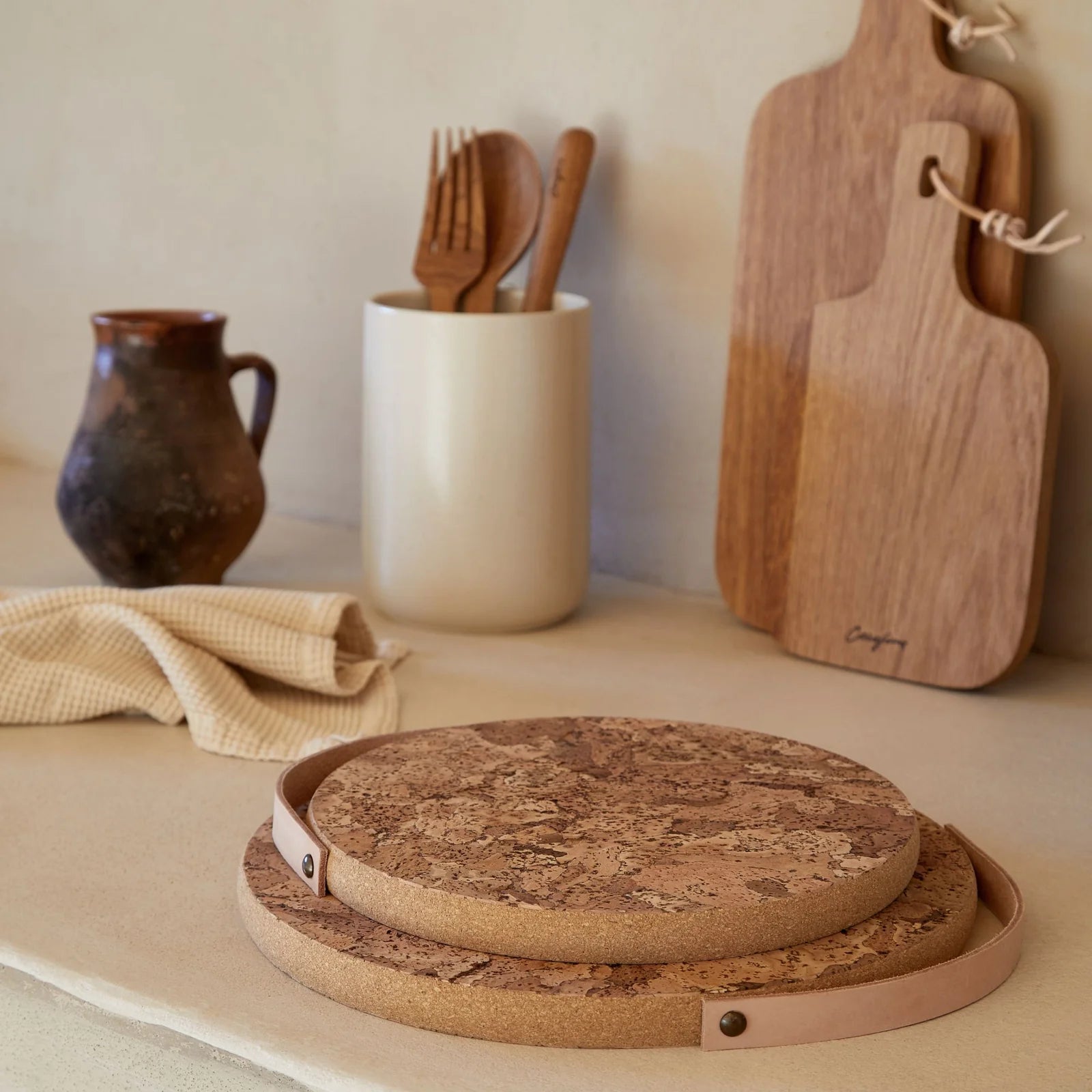 Cork Trivet w/ Leather Handle, Set of 2