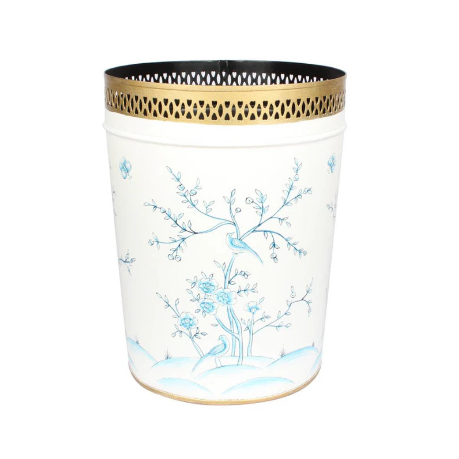 Ivory & Blue Pierced Wastepaper Basket & Tissue Holder
