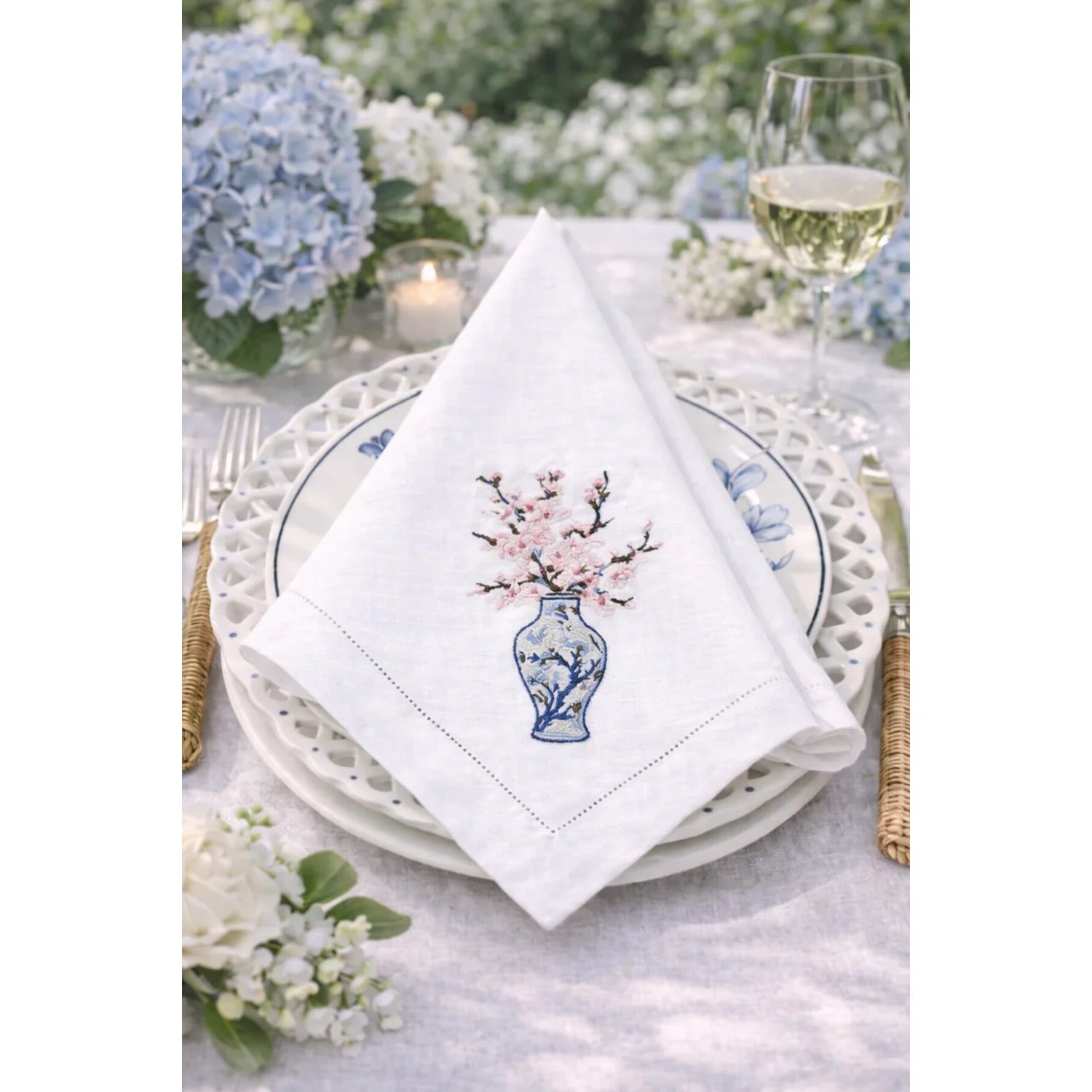 Set of 4 Cherry Blossom Embroidered Dinner Napkins