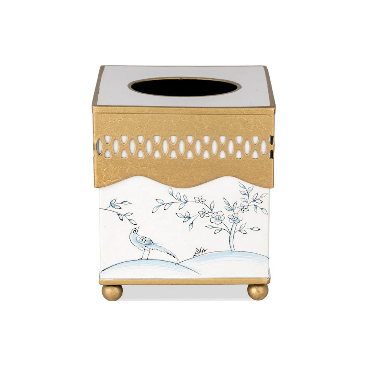 Ivory & Blue Pierced Wastepaper Basket & Tissue Holder