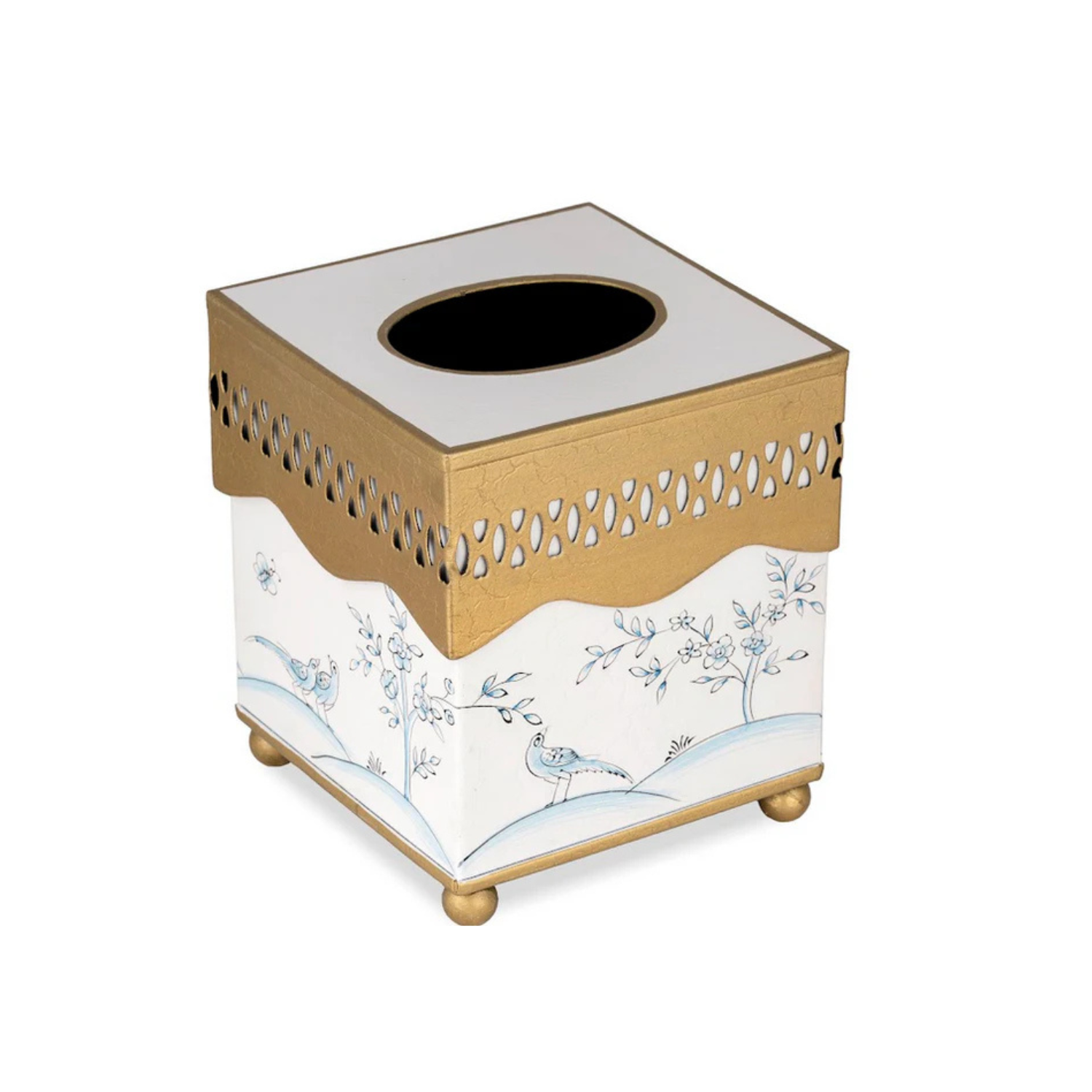 Ivory & Blue Pierced Wastepaper Basket & Tissue Holder