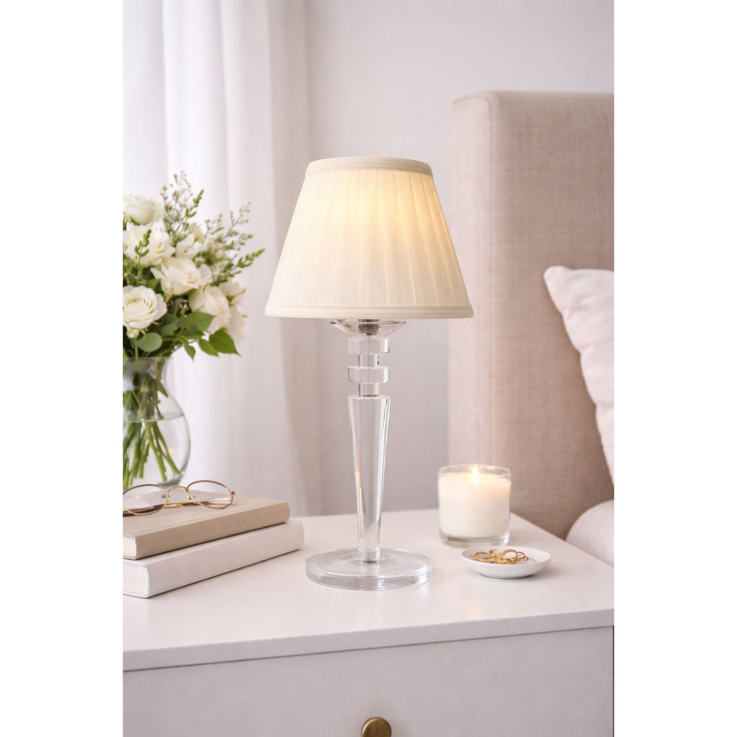 Tall Crystal Rechargeable Lamp with Ivory Shade