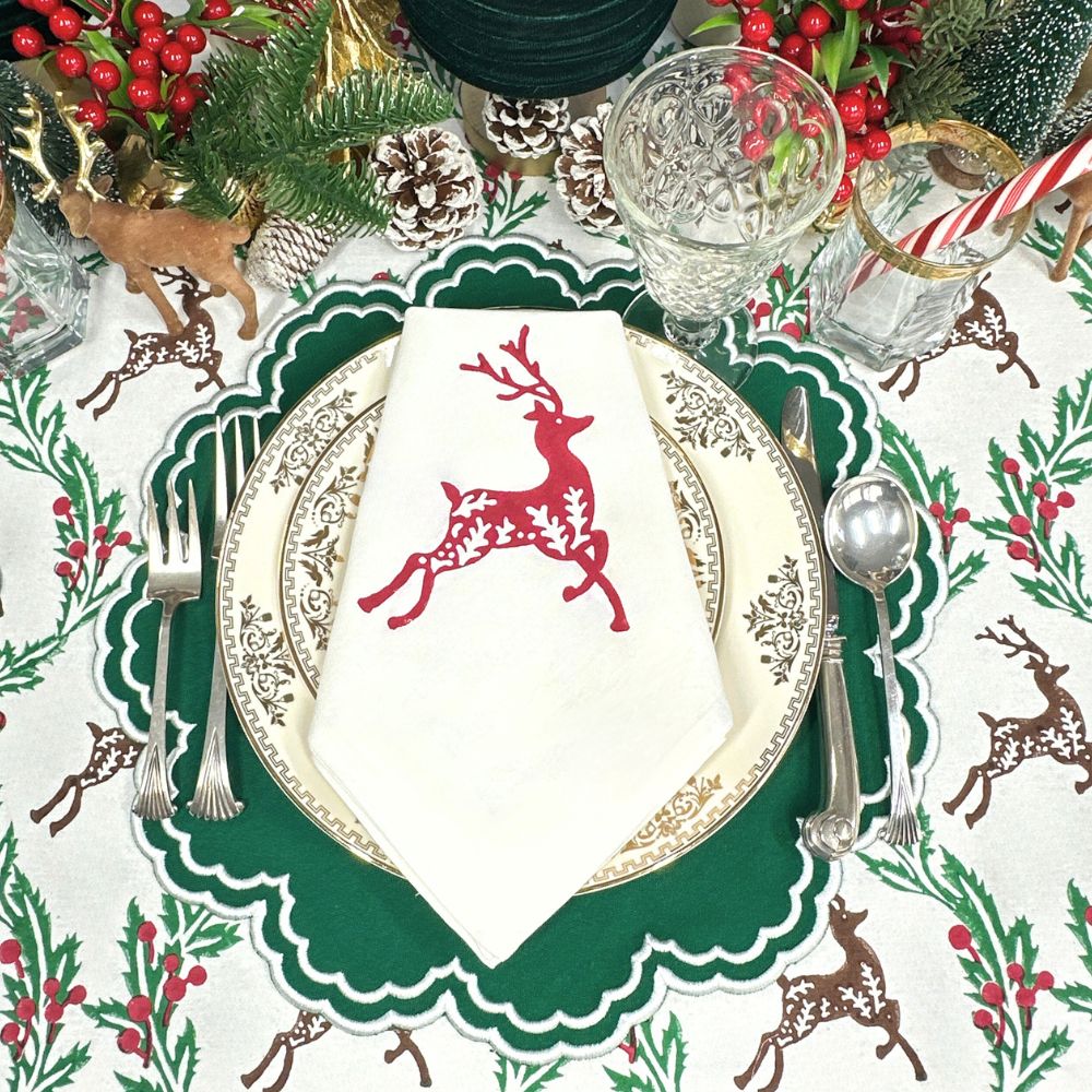Red Enchanted Reindeer Motif Napkins (Set of 4)