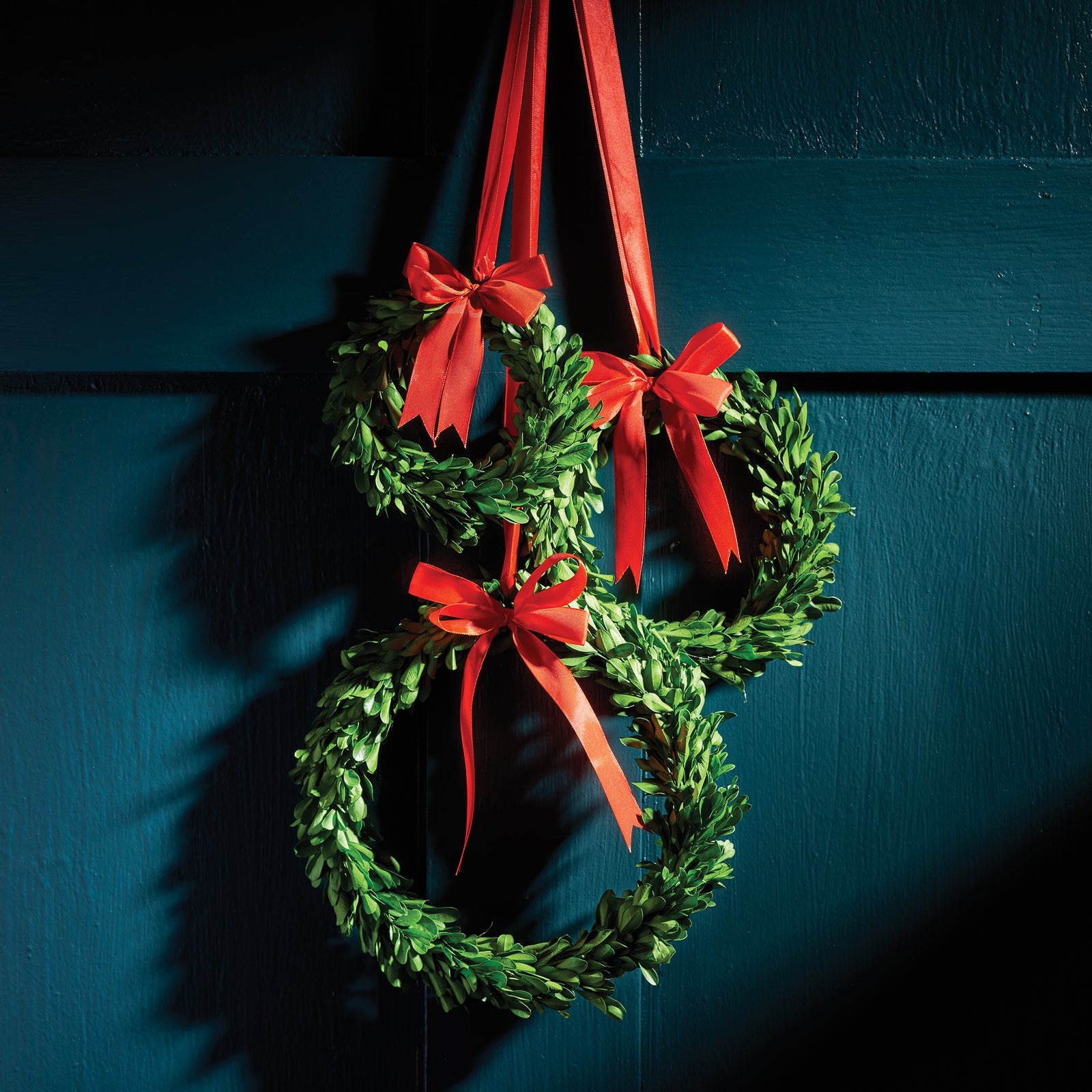 Evergreen Wreaths With Red Ribbons, Set of 3