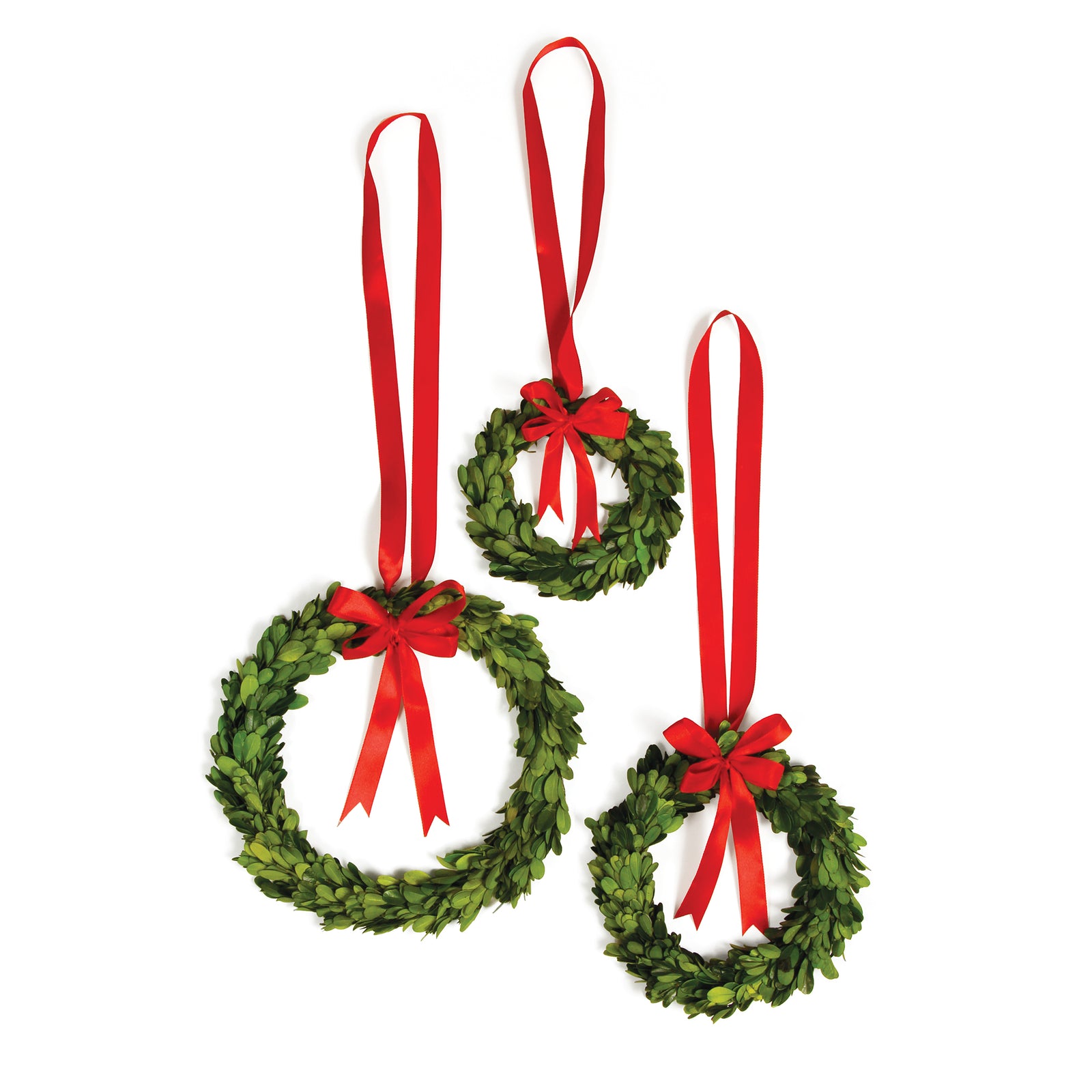 Evergreen Wreaths With Red Ribbons, Set of 3