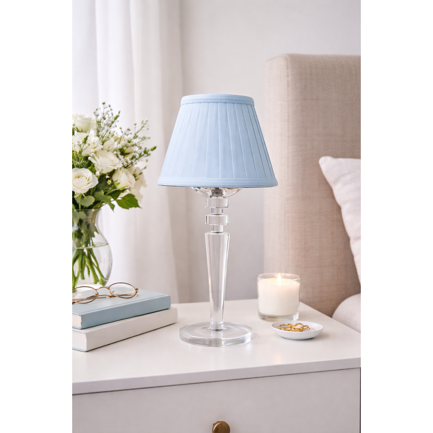 Tall Crystal Rechargeable Lamp with Blue Shade