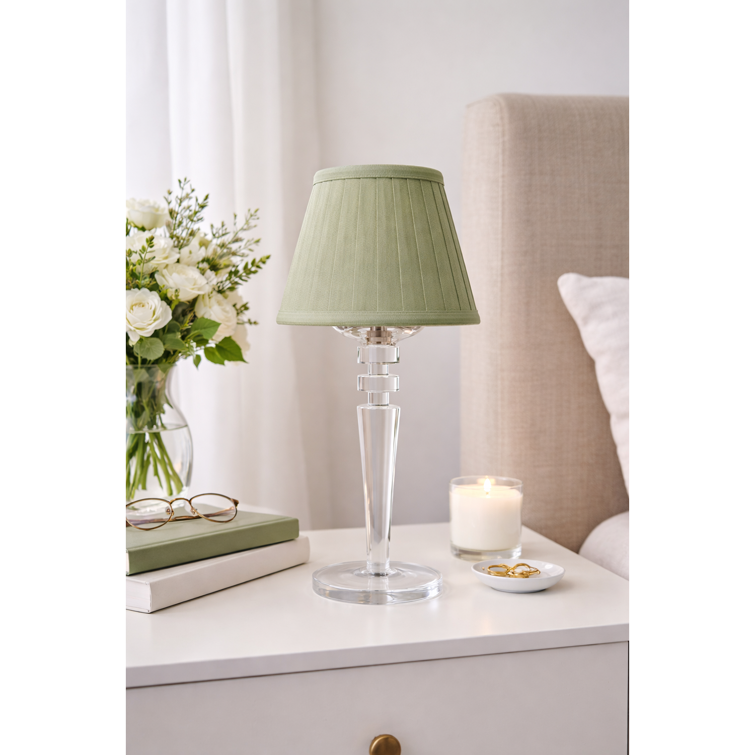 Tall Crystal Rechargeable Lamp with Sage Green Shade