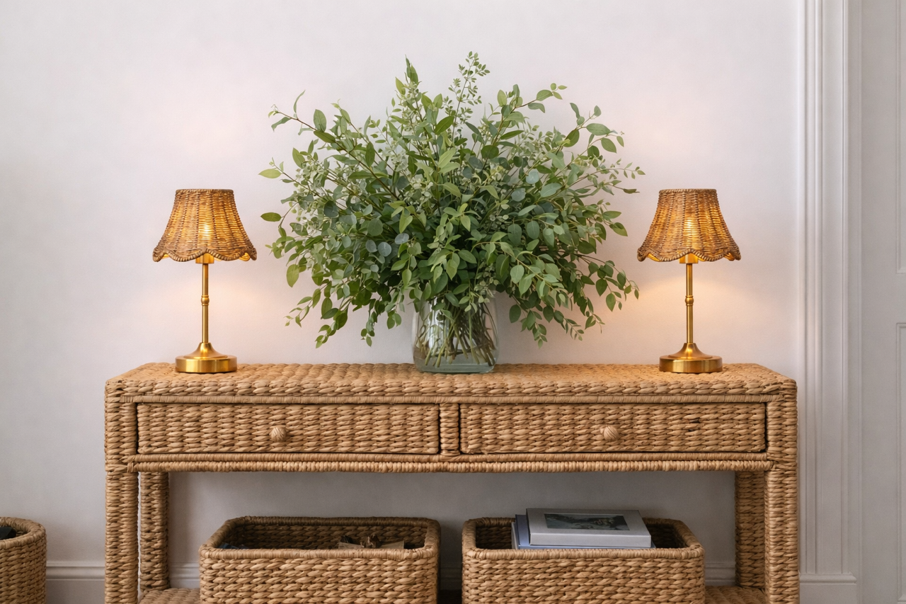 Antique Gold Rechargeable Lamp with Wicker Shade