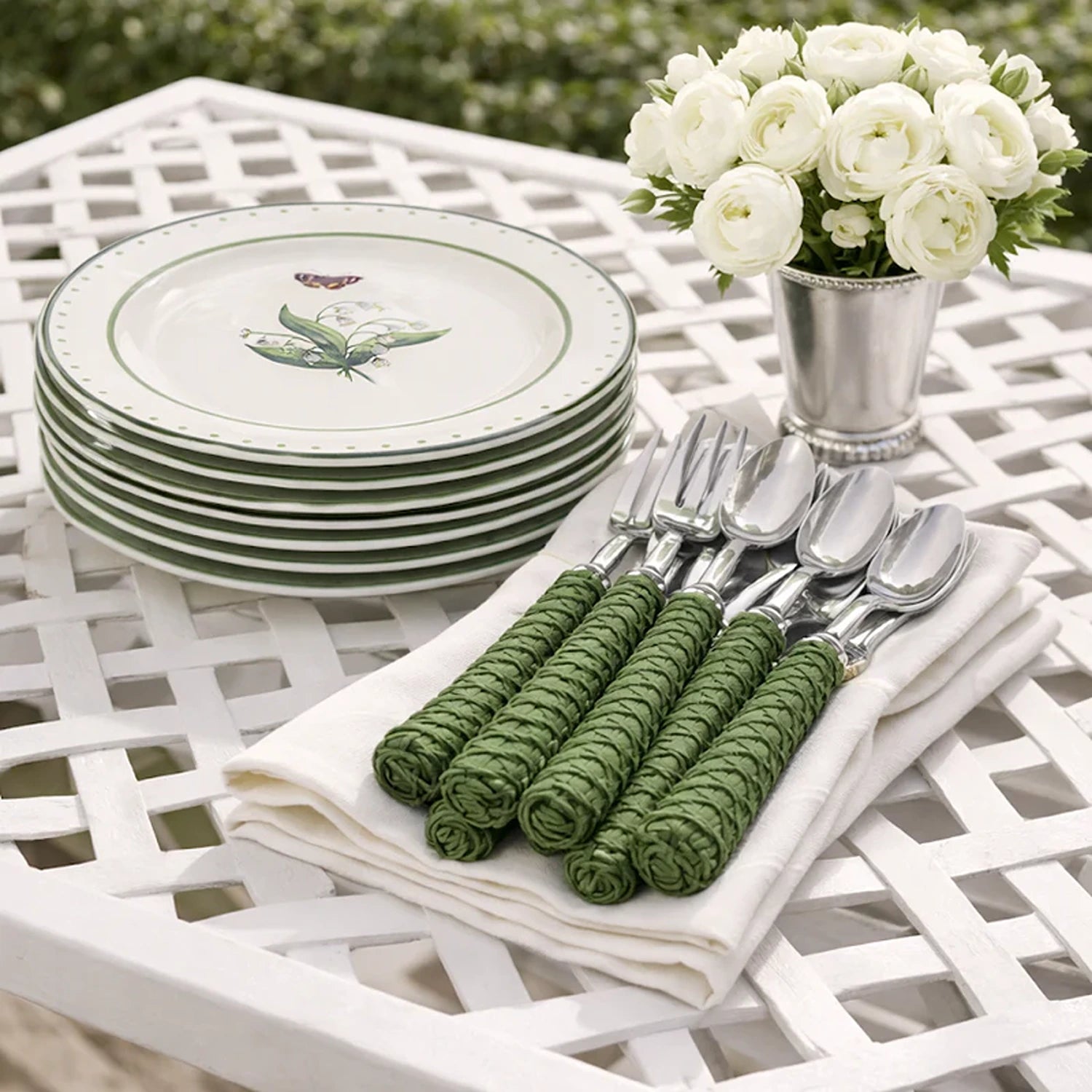 Green Basketweave Five Piece Flatware Set