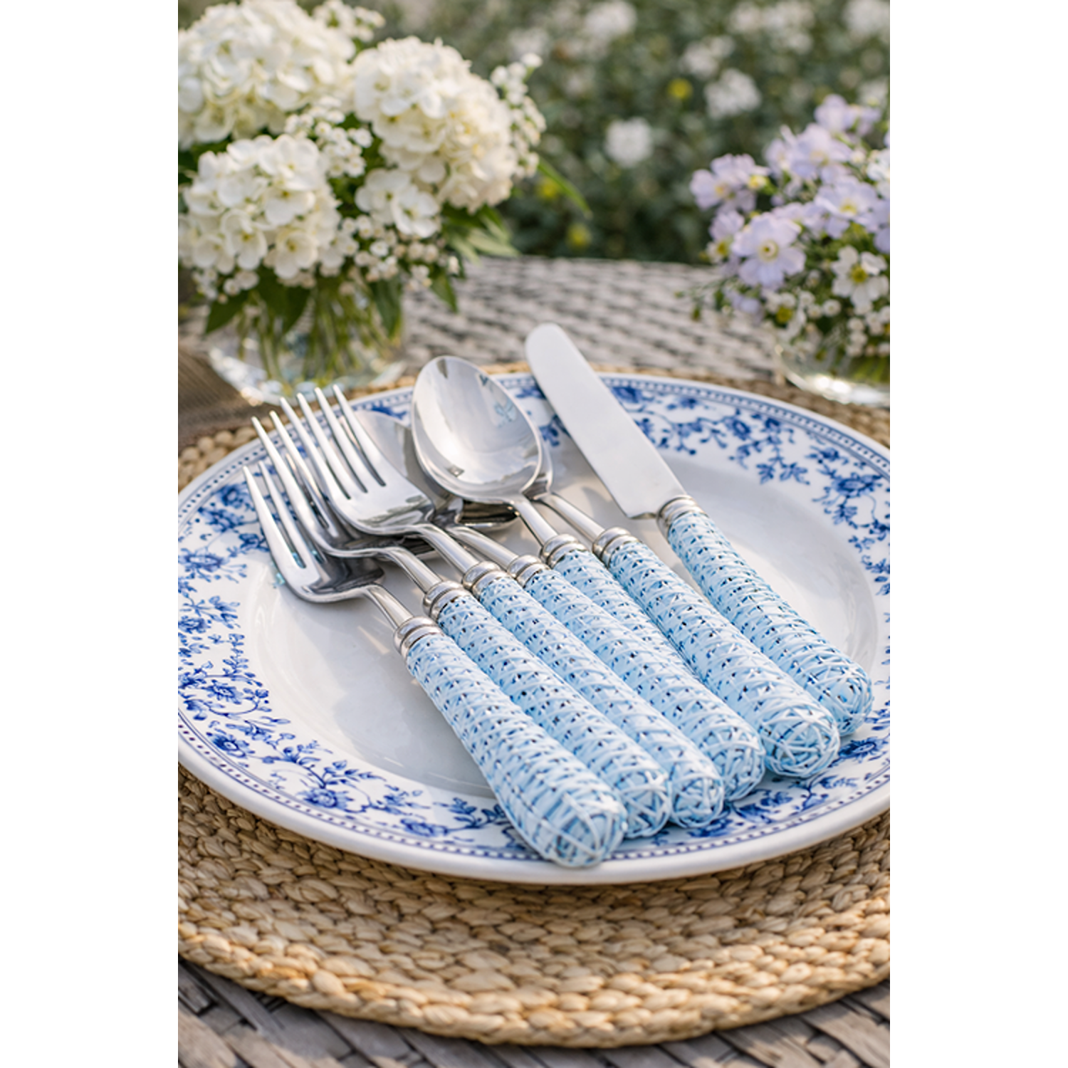 Soft Blue Basketweave Five Piece Flatware Set
