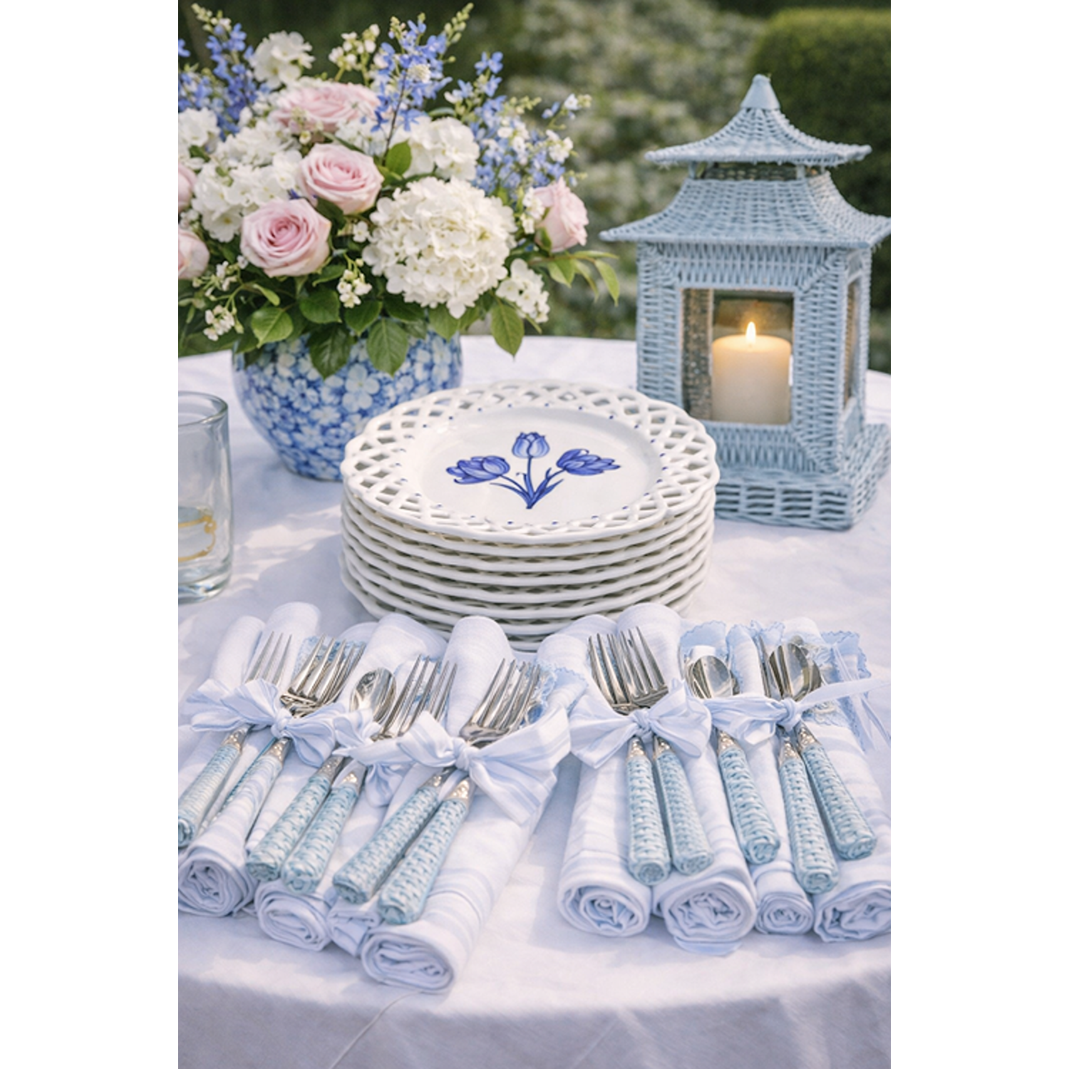 Soft Blue Basketweave Five Piece Flatware Set