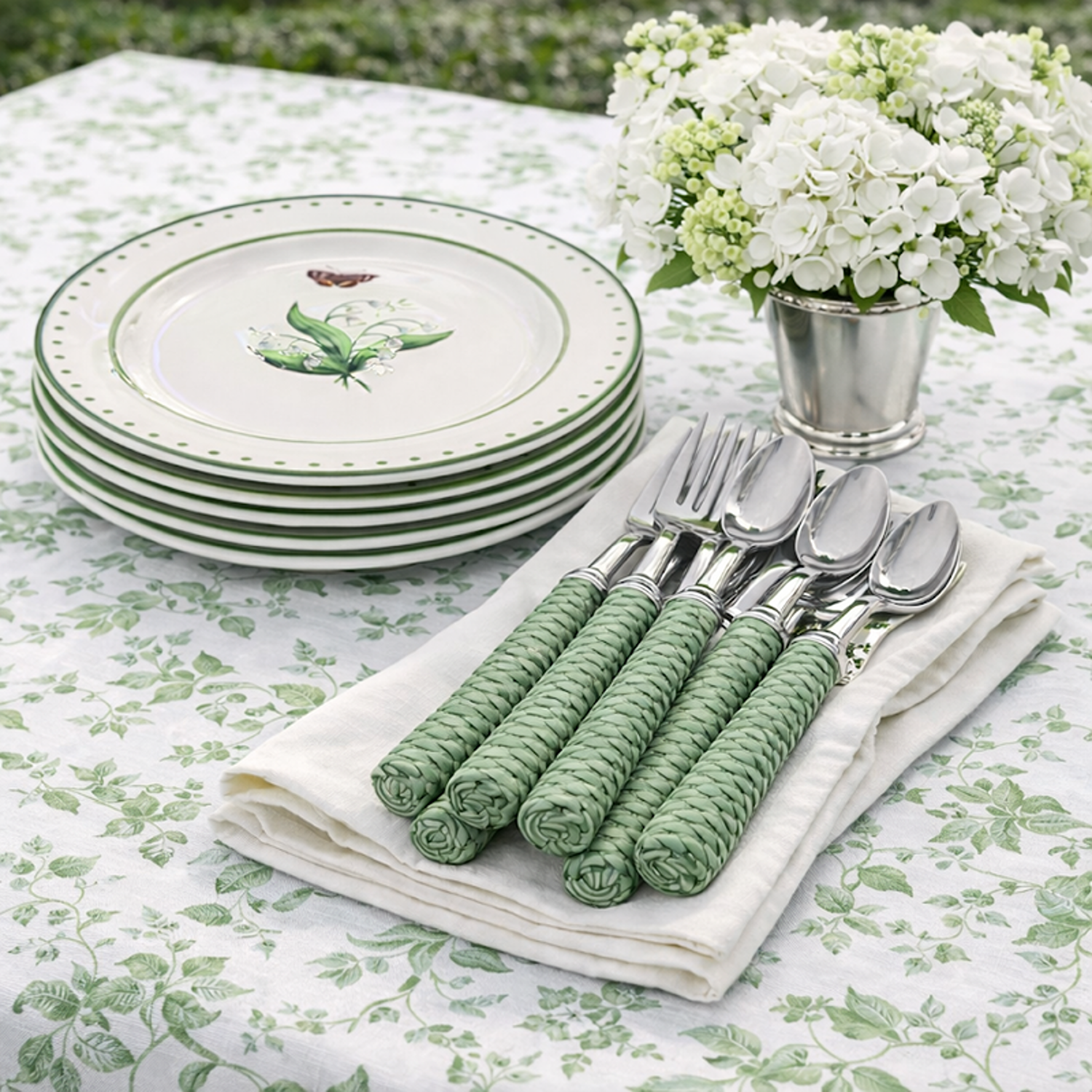 Soft Green Basketweave Five Piece Flatware Set
