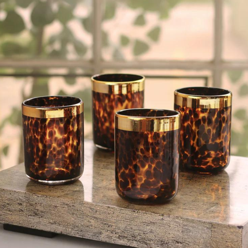 Glass Tortoise and Gold Tumbler Set of 4