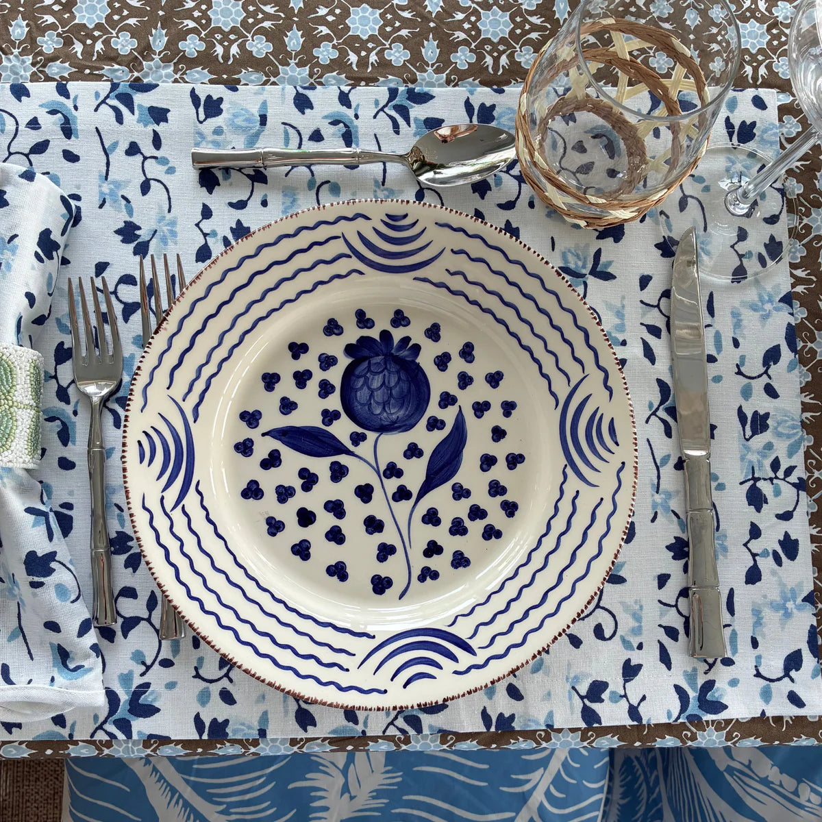 Casa Nuno Blue and White Dinner Plate, Pomegranate/Waves, Set of 2