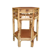 Hexagonal bamboo side table on a white background