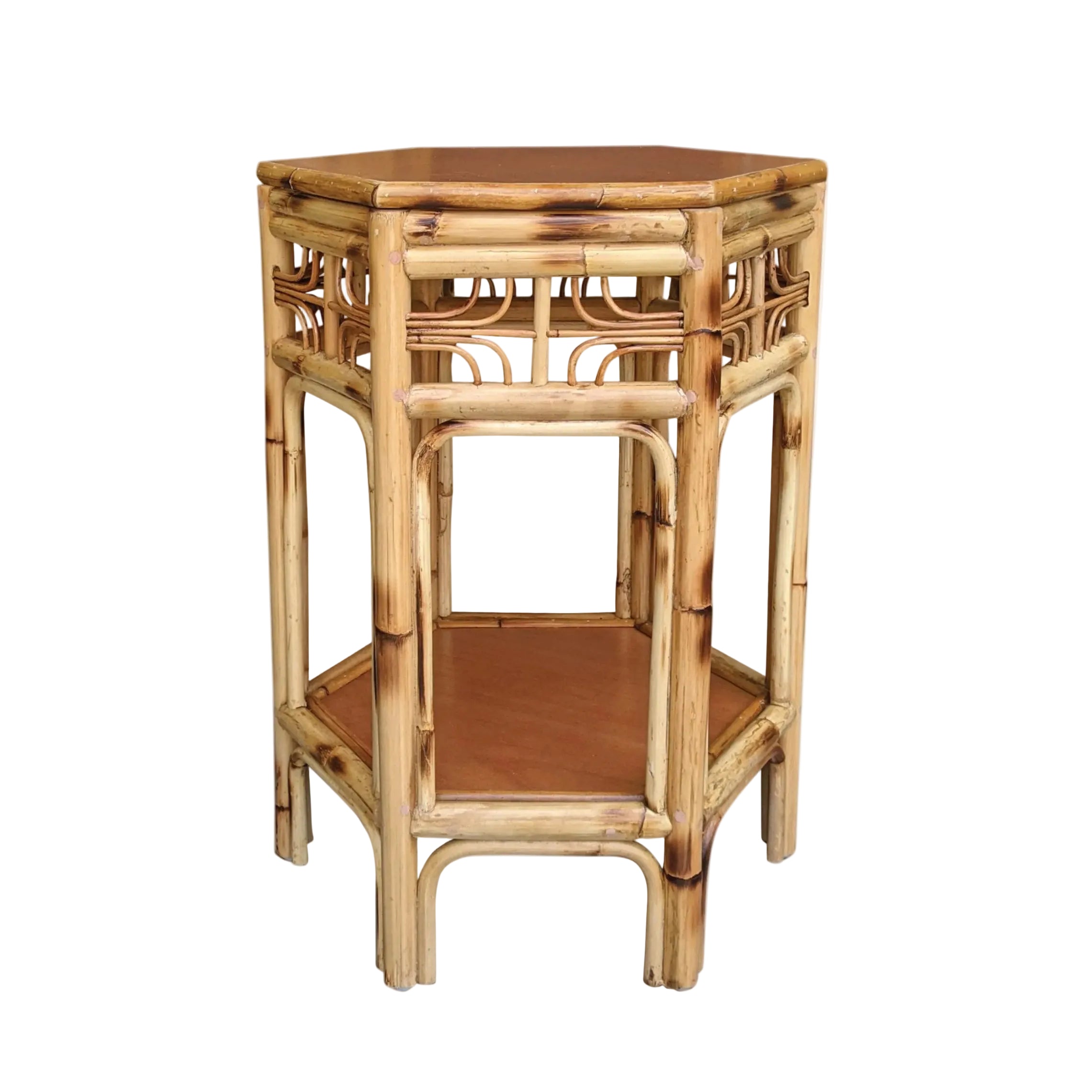 Hexagonal bamboo side table on a white background