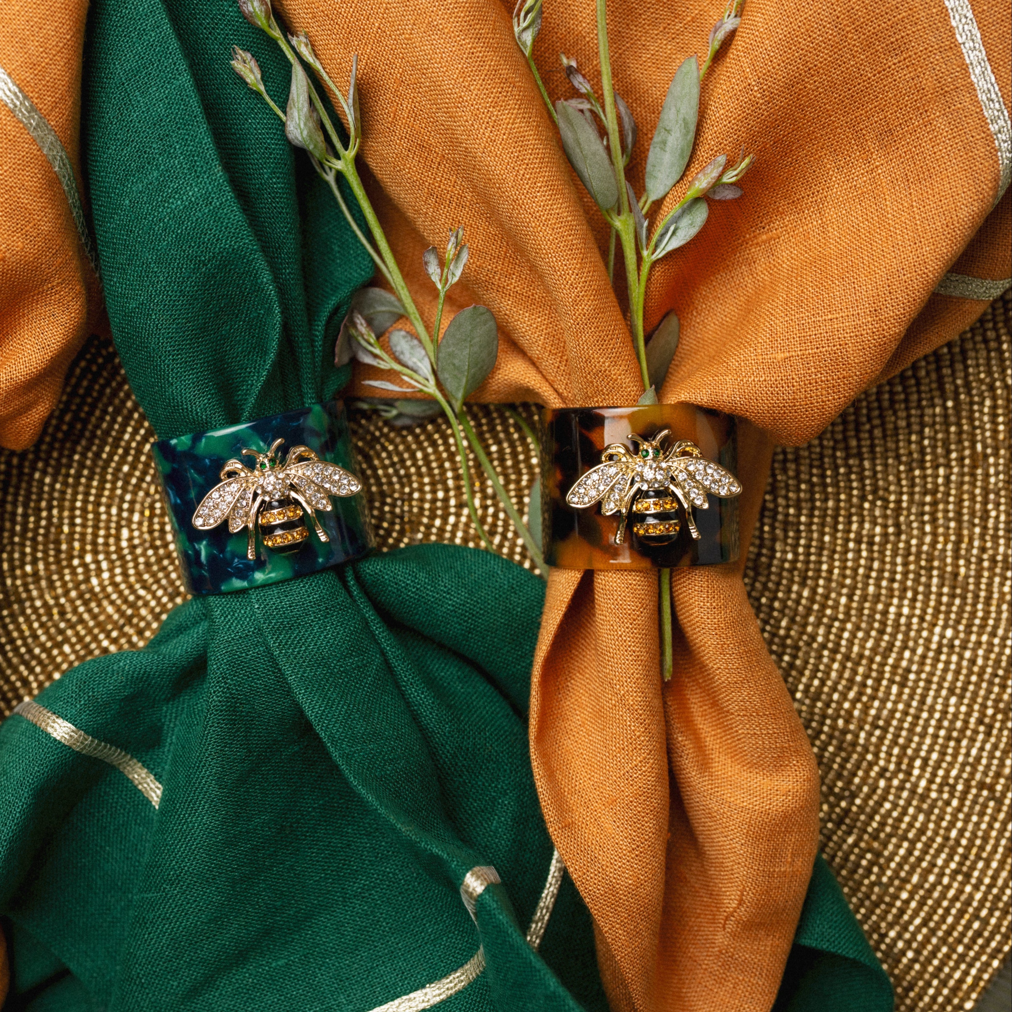 Stripey bee resin napkin rings, tortoiseshell, set of four