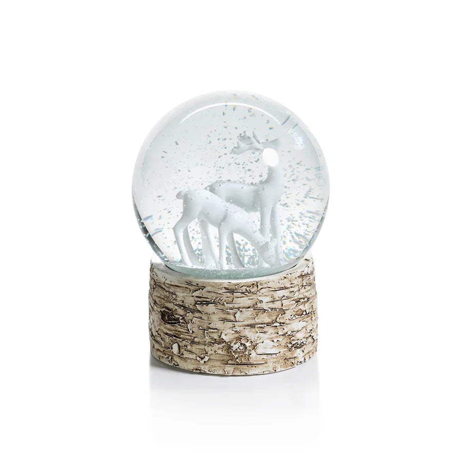 Sculptured White Reindeer Snow Globe on Birch, Set of 2