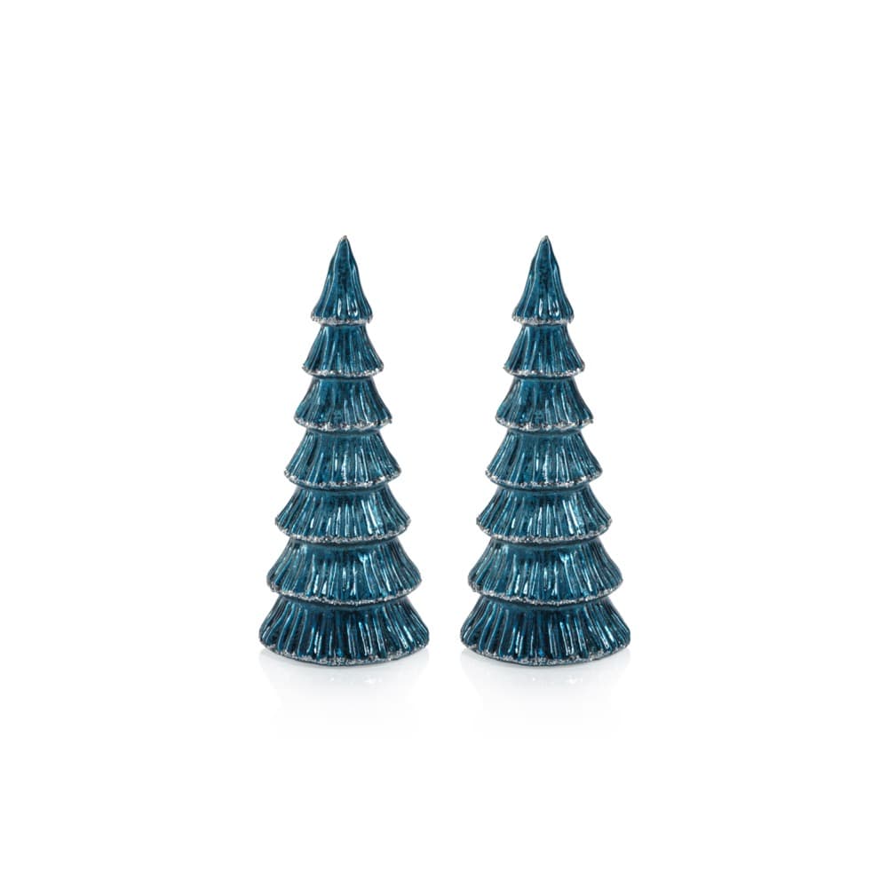 Lucian Blue LED Glass Holiday Tabletop Trees, Set of 2