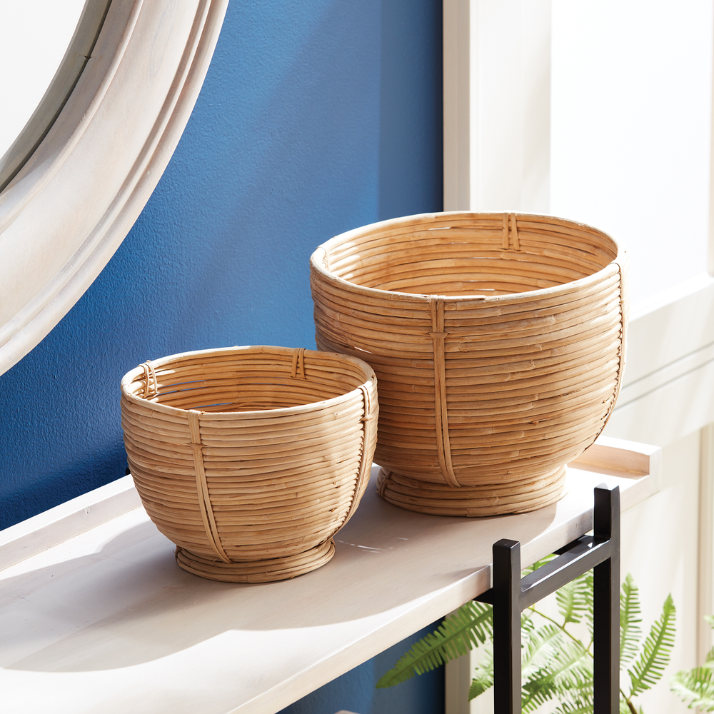 CANE RATTAN DECORATIVE FOOTED BOWLS, SET OF 2