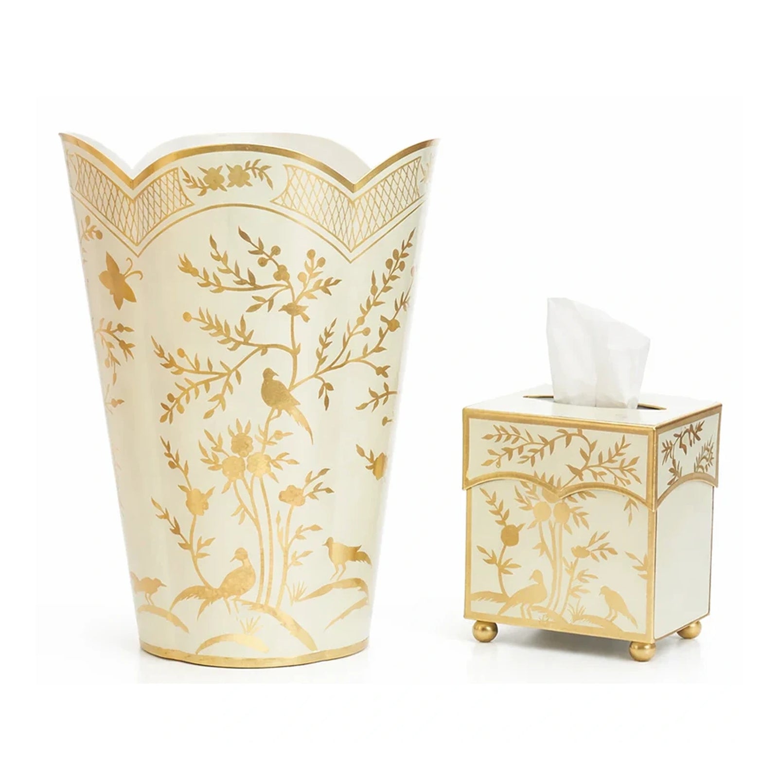 Pale Green & Gold Chinoiserie Wastepaper Basket & Tissue