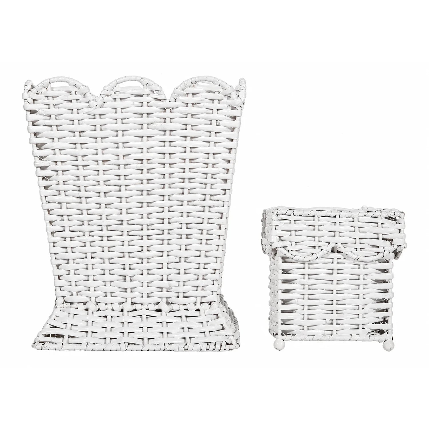 Square Scalloped White Wicker Wastepaper Basket & Tissue Holder (3 Options)