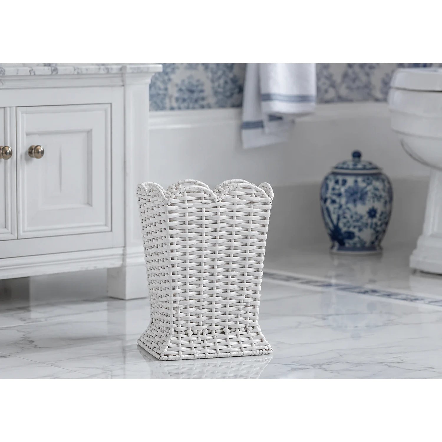 Square Scalloped White Wicker Wastepaper Basket & Tissue Holder (3 Options)