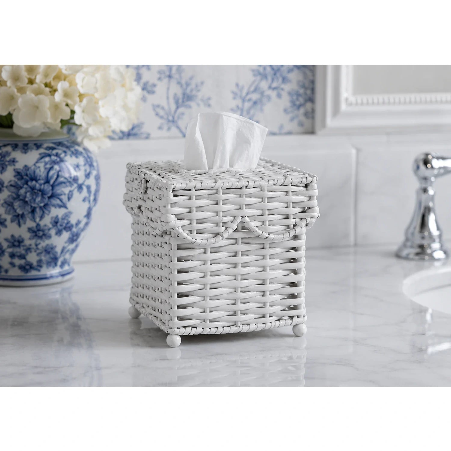 Square Scalloped White Wicker Wastepaper Basket & Tissue Holder (3 Options)