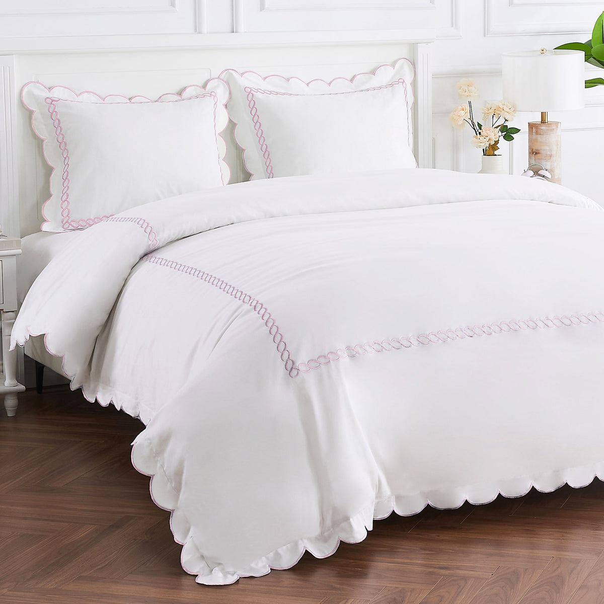 600 Thread Count Scallop Rope Embroidered Cotton Duvet Set