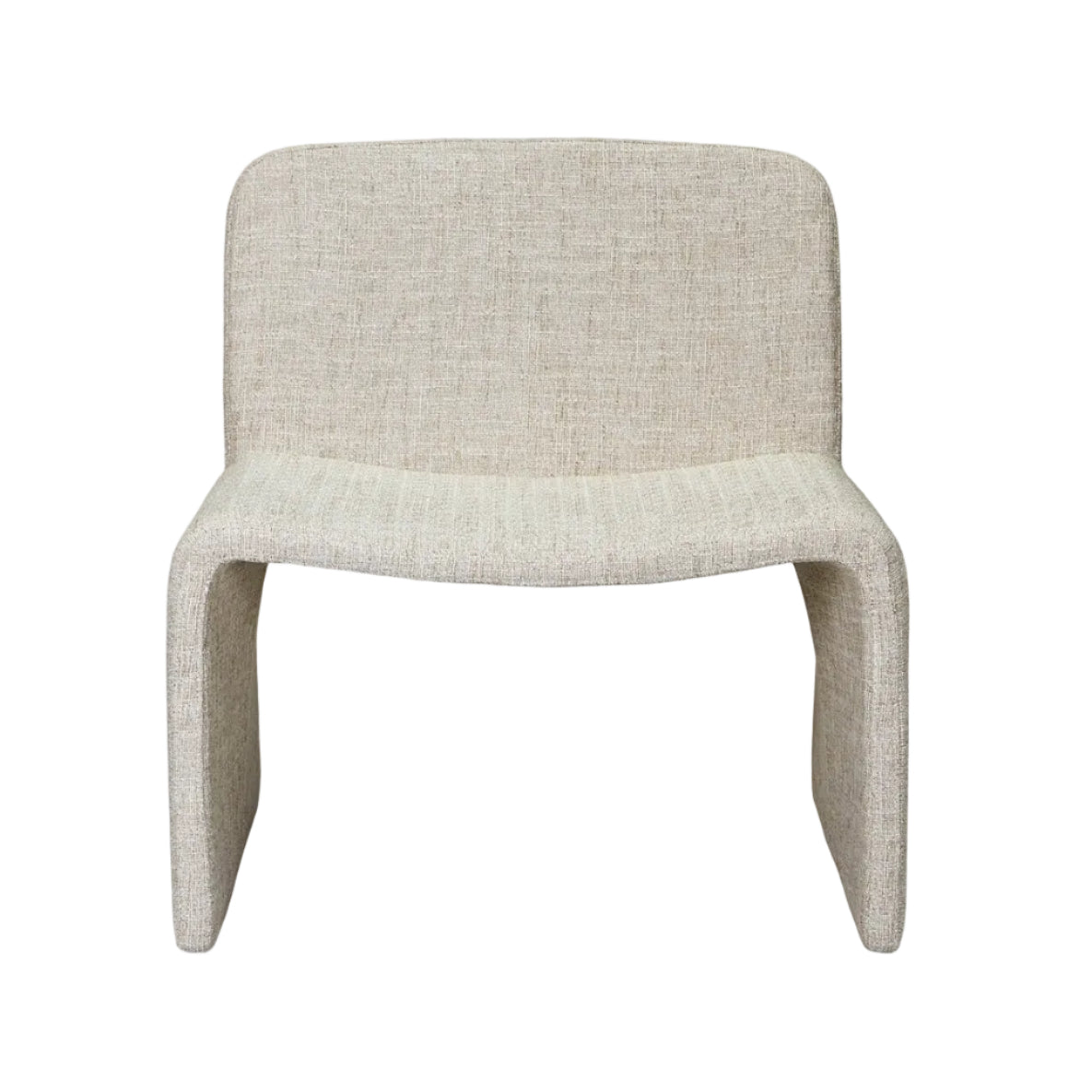 An oval-shaped accent chair with a beige upholstery, featuring a hard backrest and seat without any visible brand markings or patterns.
